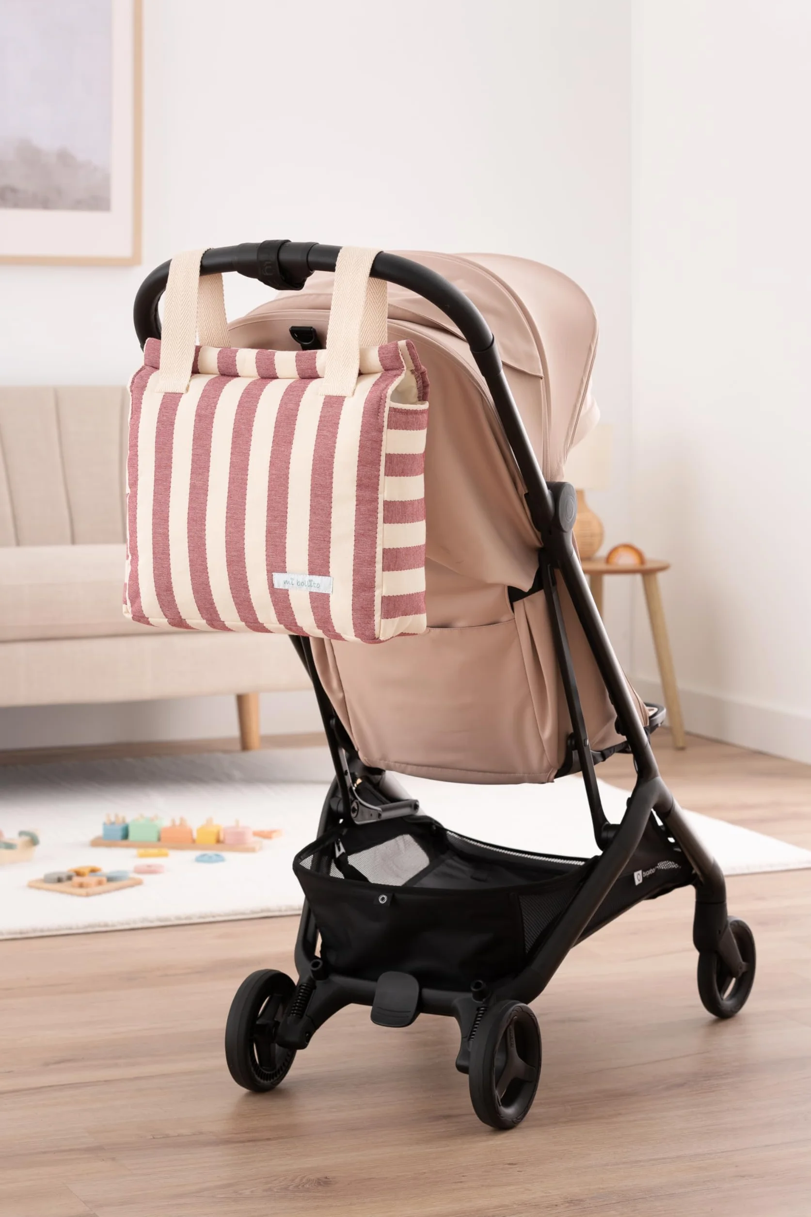 Borsa per passeggino universale con chiusura a scatto, leggera, grande capacità, design a righe