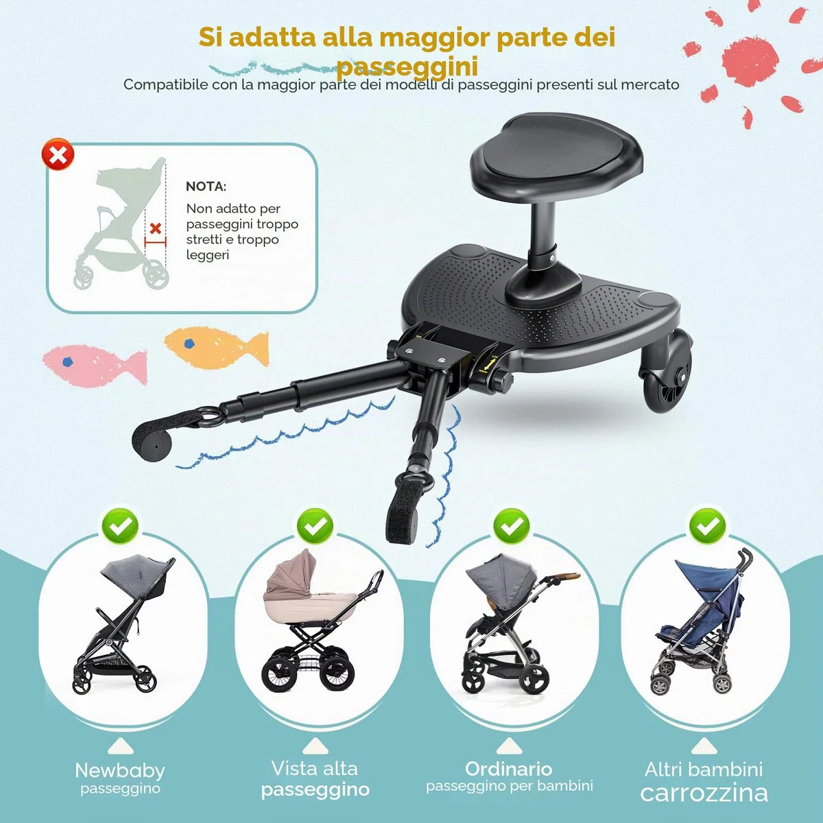 Pedana Passeggino Universale, Tavola per Bambini con Sedile più Ampio e Confortevole e Zone di Poggiapiedi più Ampie, Compatibile con il 99% Delle Carrozzine, Portata 25 kg