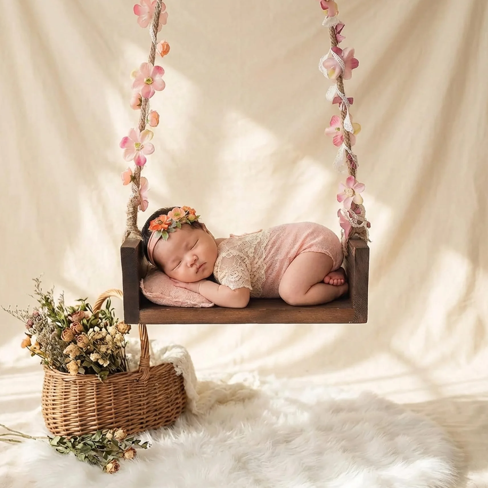 Altalena per neonato per foto, Altalena per neonato, Bambino in legno per fotografia - Sedile sospeso in macramè con corda floreale per accessori per foto, Sicuro e confortevole