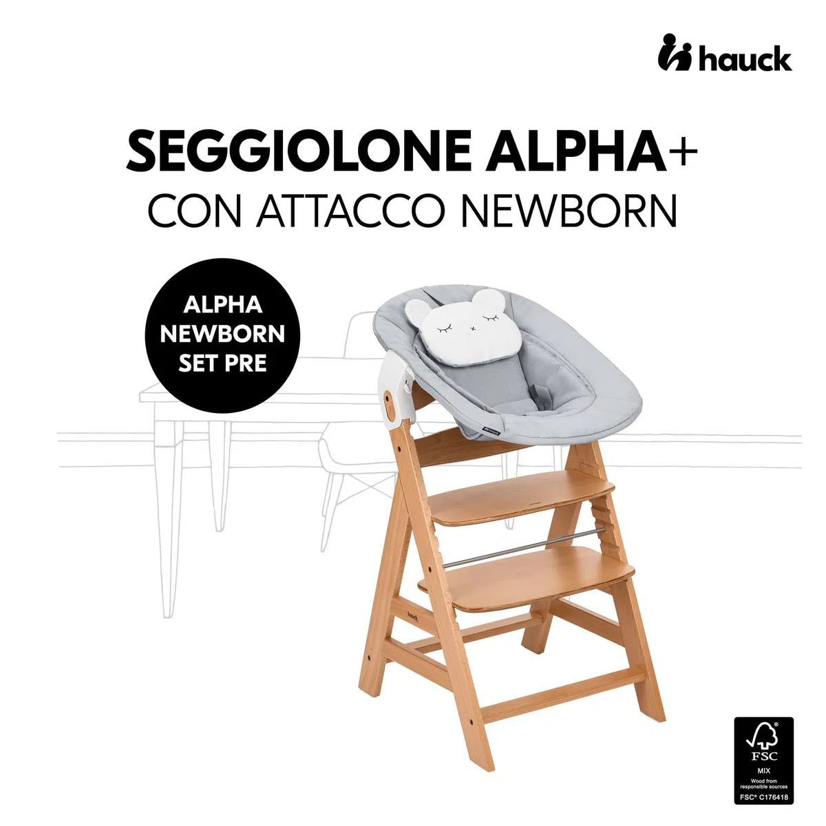 hauck Alpha Newborn Set Pre, Nature Grey - Seggiolone Pappa con Seduta Neonato dalla Nascita e Sedia Evolutiva in Legno di Faggio fino a 90 kg con Cintura Spartigambe e 5 Punti, Barra Protettiva