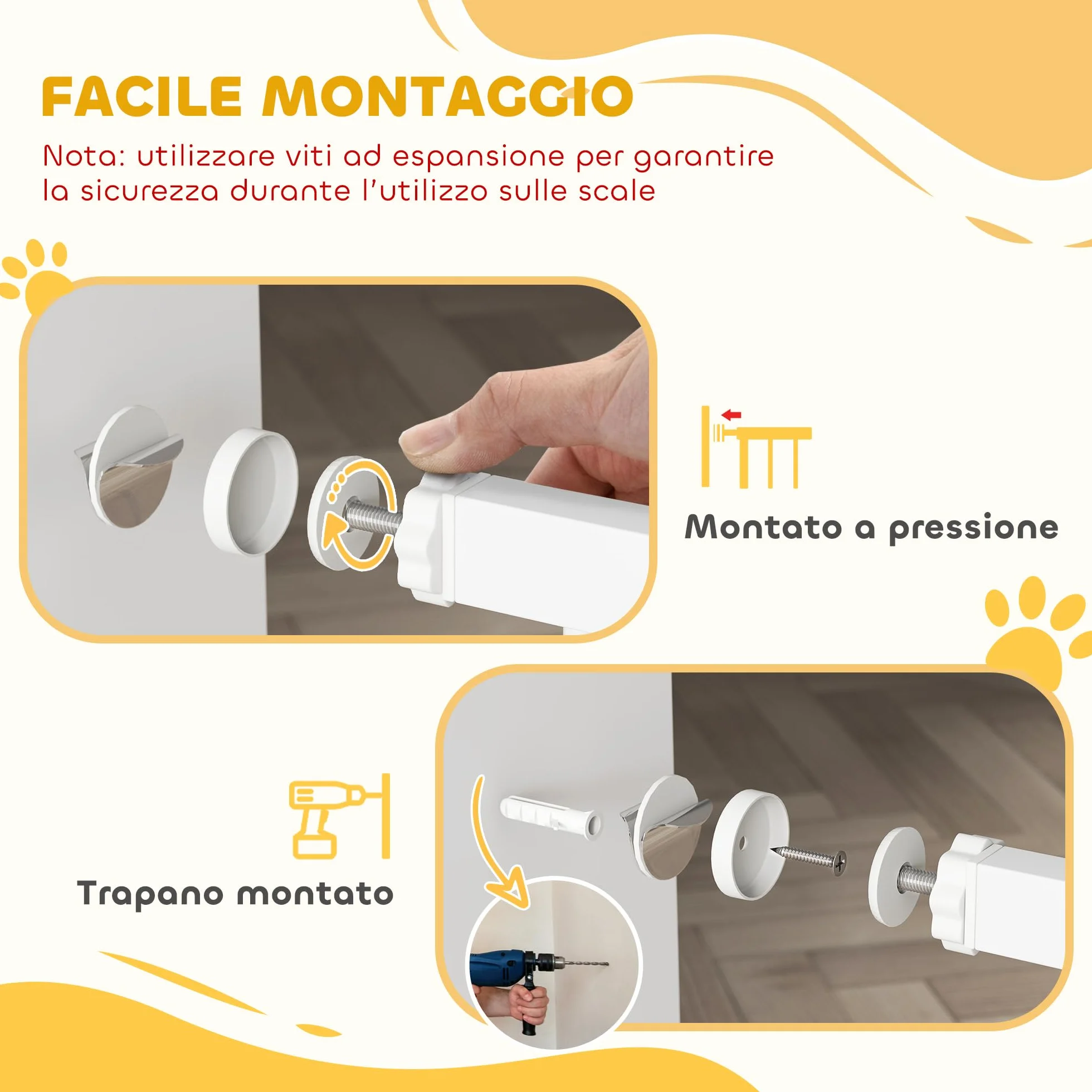 PawHut Cancelletto di Sicurezza per Bambini Cani, Estensibile 76-102 cm, Alto 76 cm, Cancellino per Cani, Scale Porte, Chiusura Automatica, Fissaggio a Pressione Senza Fori, Apertura a Due Vie, Bianco