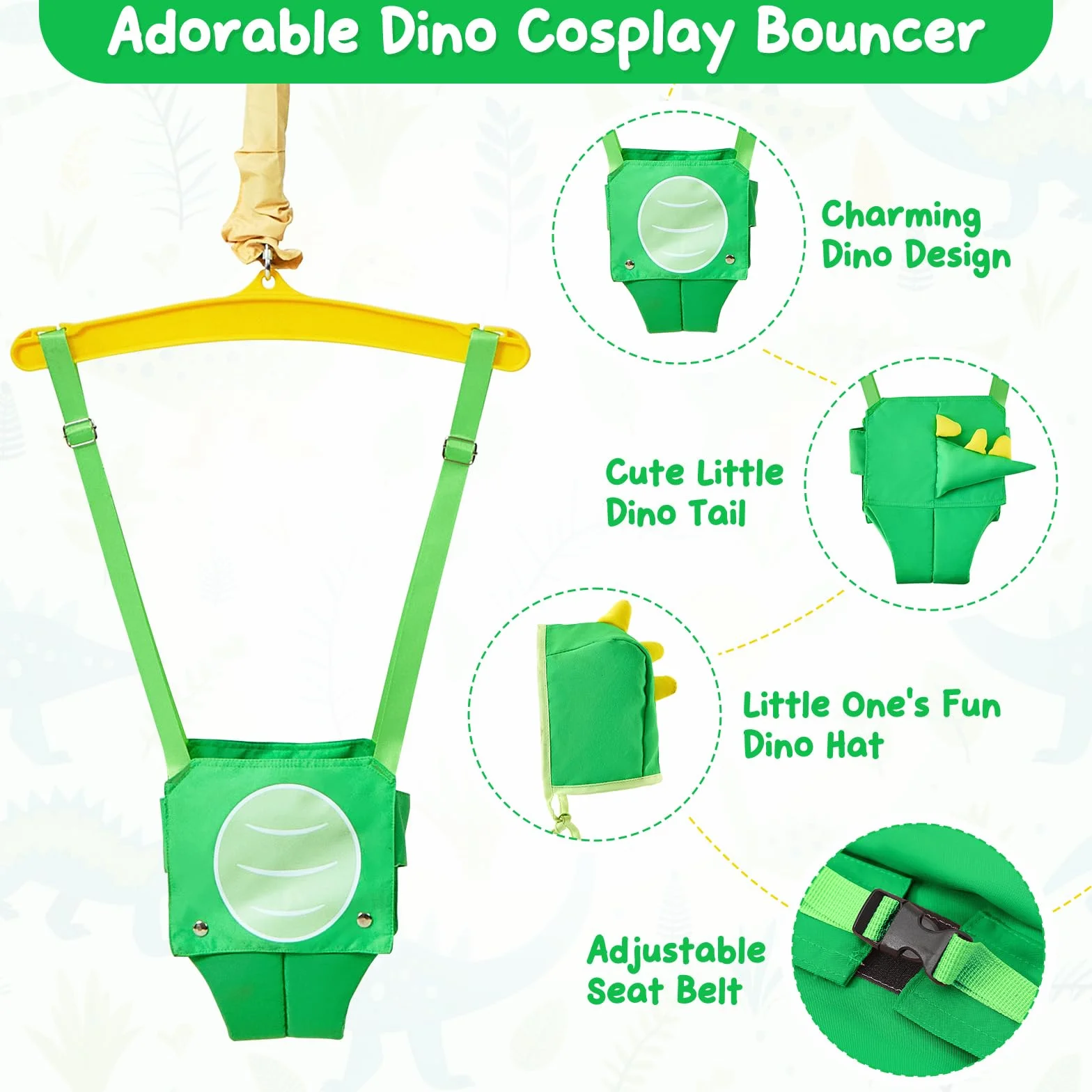 FUNLIO Baby Jumper con gancio da soffitto per 6–24 mesi, jumper da porta per interni ed esterni, con catena regolabile, facile da montare e riporre (con gancio da soffitto) – Dinosauro Verde