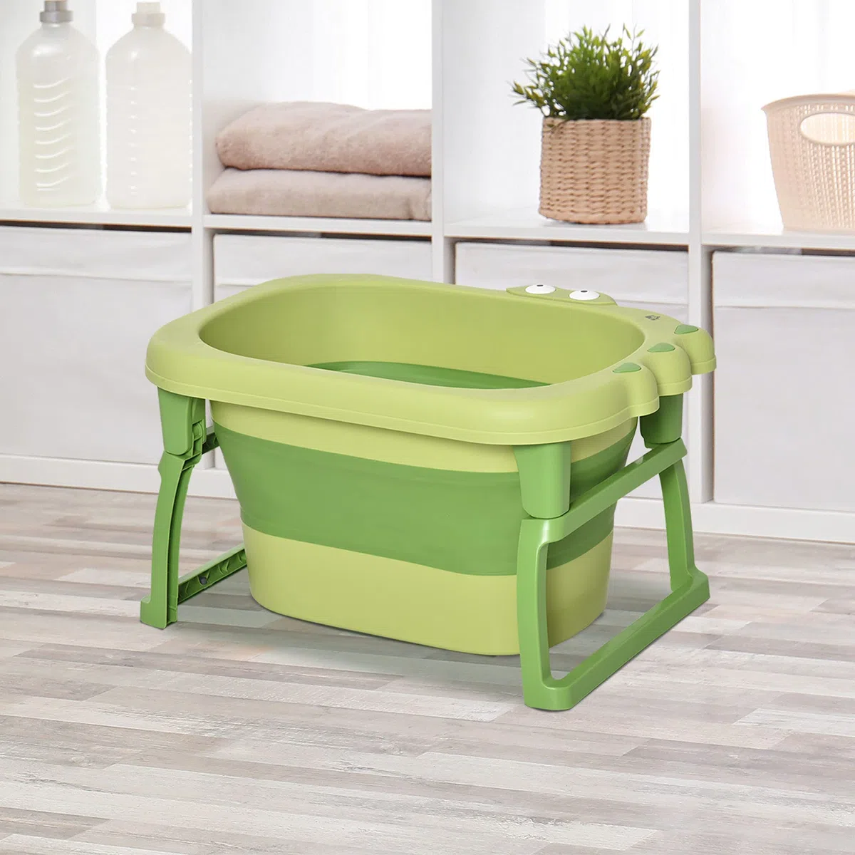 HOMCOM Vaschetta Bagnetto Neonato Pieghevole con Supporto Antiscivolo, Vaschetta da Bagno Portatile per Neonati e Bambini di 0-6 Anni con Foro di Scarico, 75.3x55.4x43cm, Verde