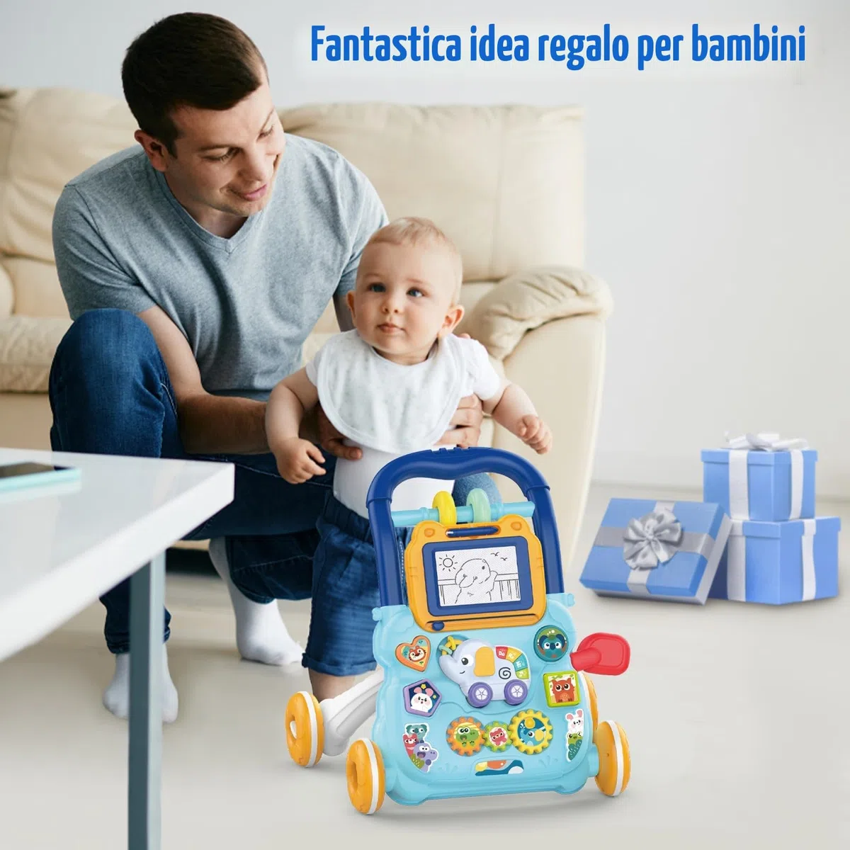 Camminatore per Bambini da Seduto a in Piedi, 2 In 1 Giocattolo a Spinta Bambini con Musica e Lavagna da Disegno, Centro di Attività Educativa Precoce Multifunzionale per Neonati 12M+ (Blu)