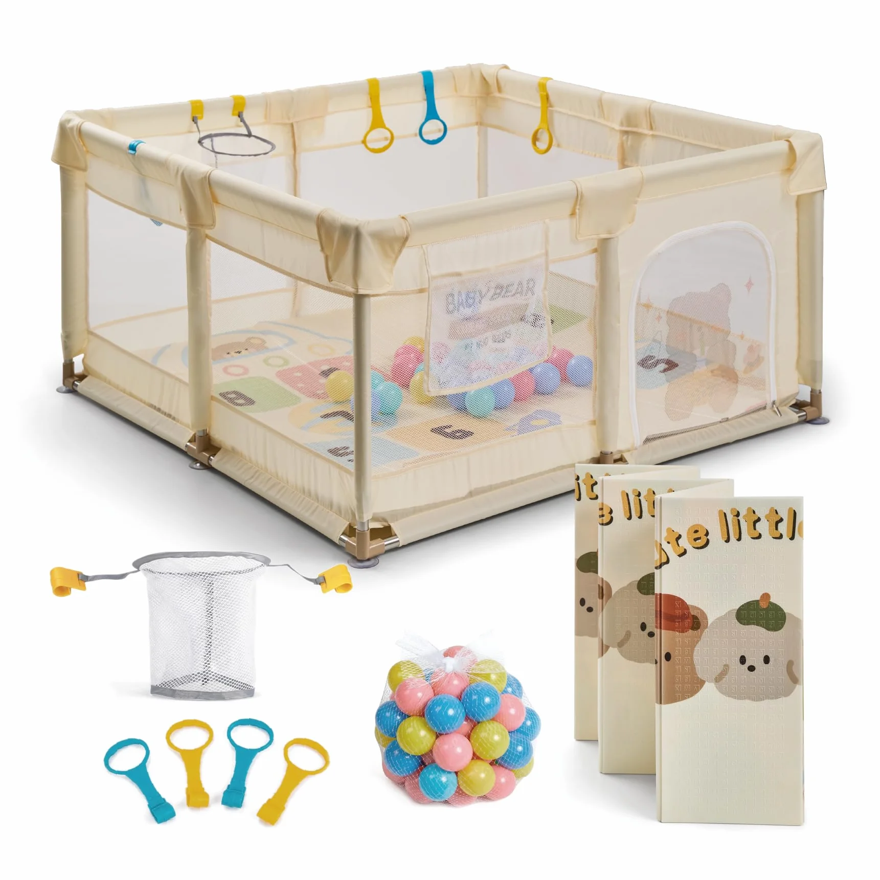 Buddy Baby Parco per bambini 120 x 120 cm pieghevole con rete traspirante e porta laterale vaniglia