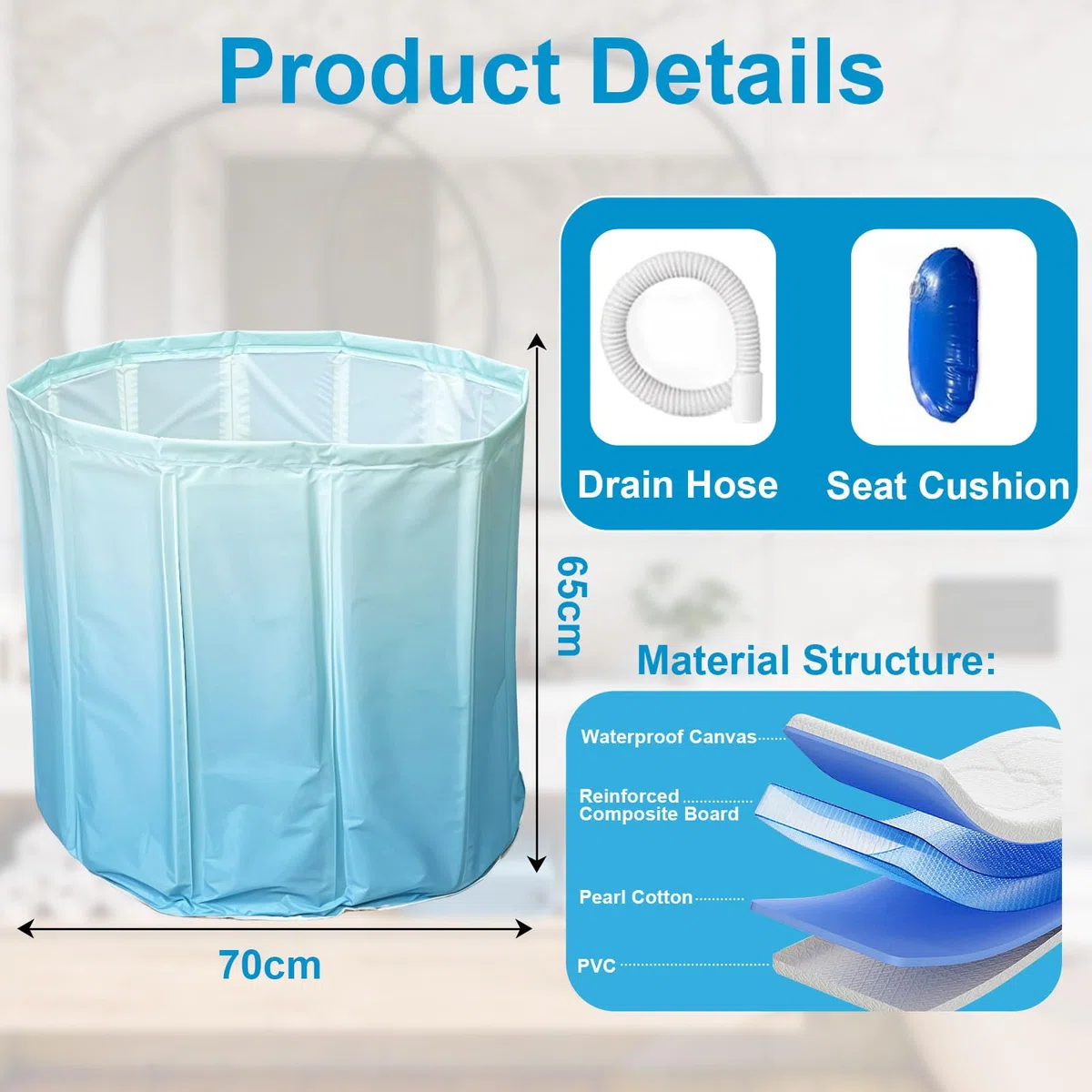 Vasca da Bagno Pieghevole 70×65 cm per Adulti – Vasca Portatile Profonda per Acqua Calda e Fredda con Tubo di Scarico e Cuscino Seduta, Vasca Pieghevole Salvaspazio