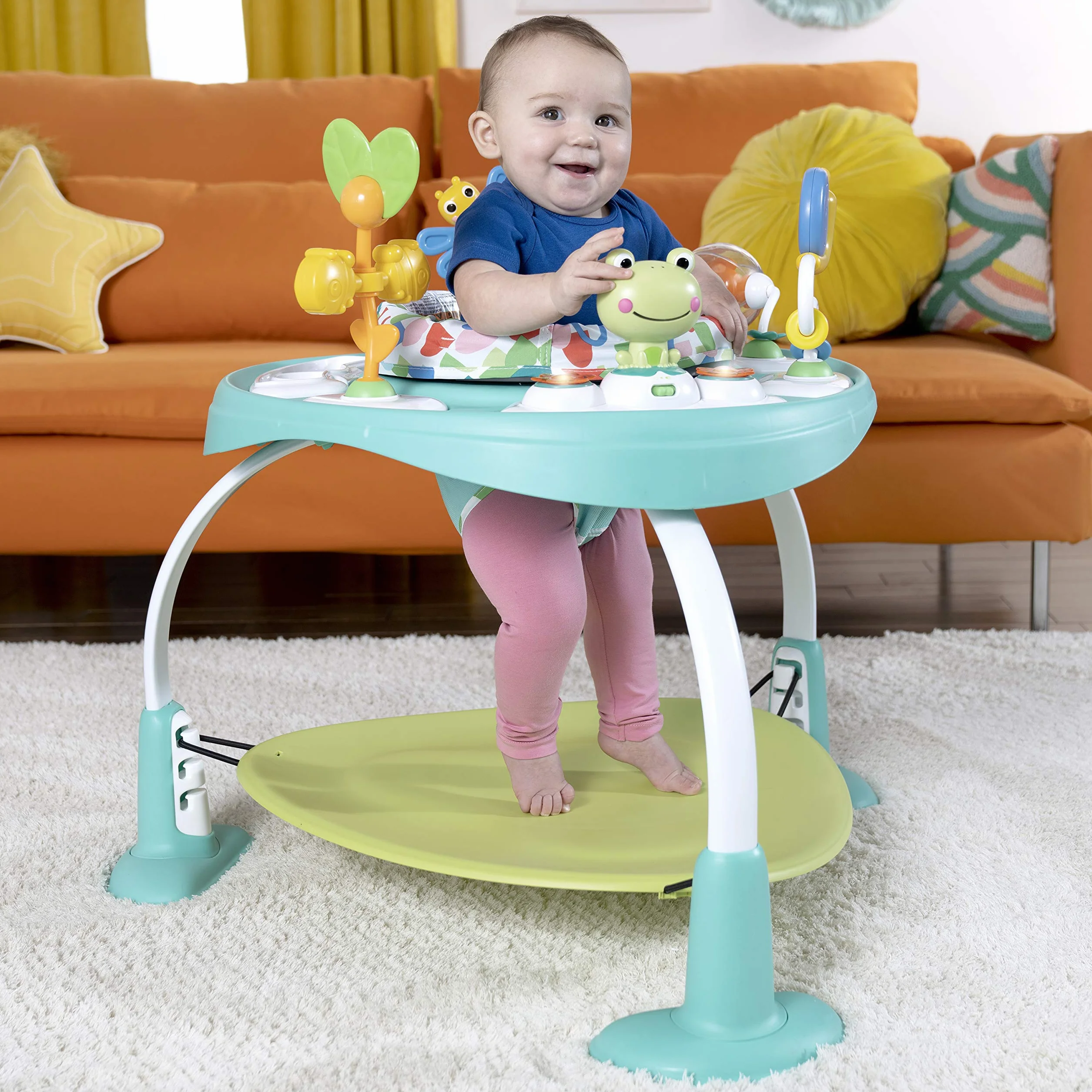 Bright Starts Centro Attività Tavolo 2in1 Bounce Bounce Playful Pond 7 Giocattoli Interattivi Suoni Musica Altezza Regolabile Seduta Ruotabile 360° Verde 6 Mesi+