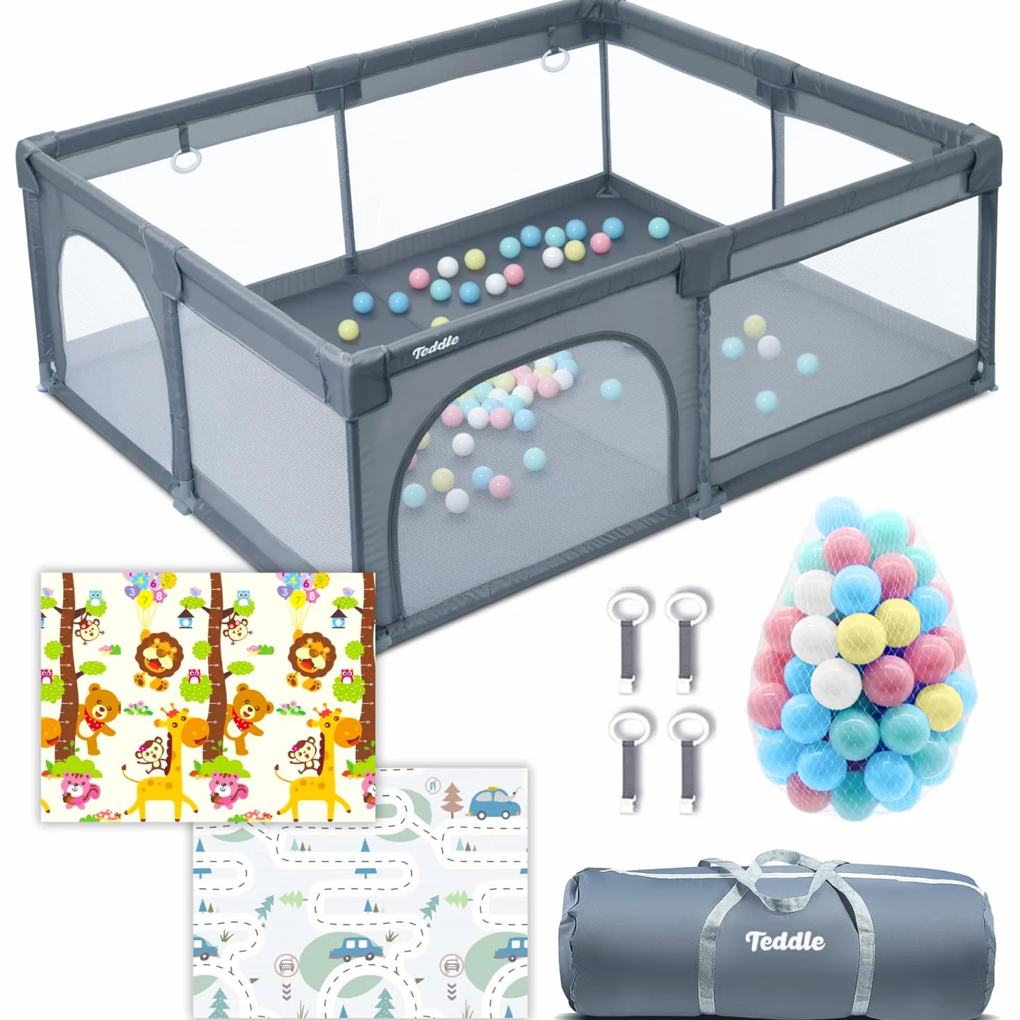 Box Bambini – Incluso Tappeto da Gioco Double-Face - Recinto per Bambini con 50 Palline – 180 x 150 cm – Box Neonato Per Uso Interno ed Esterno – Box per Bambini (Grigio, 180x150cm)