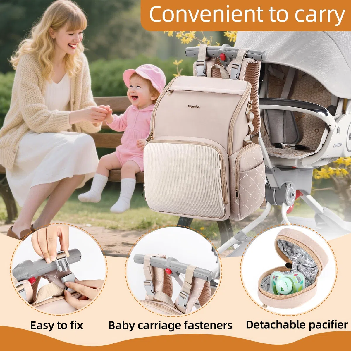 Elegante borsa per pannolini per bambini, borsa con fasciatoio, custodia per ciuccio e cinghie per passeggino