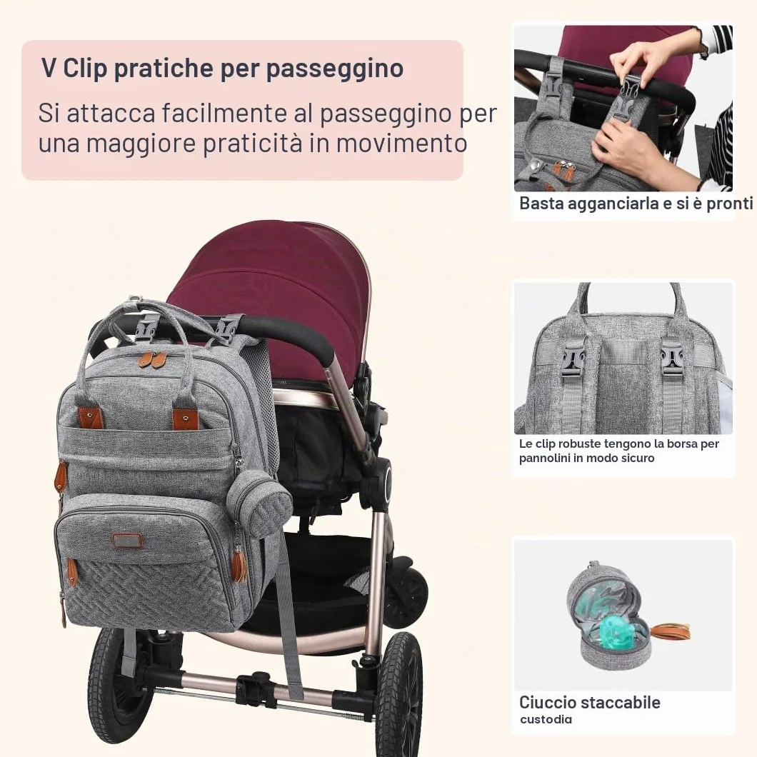 BabbleRoo Zaino per pannolini con fasciatoio, grande capacità, impermeabile, custodia ciuccio staccabile