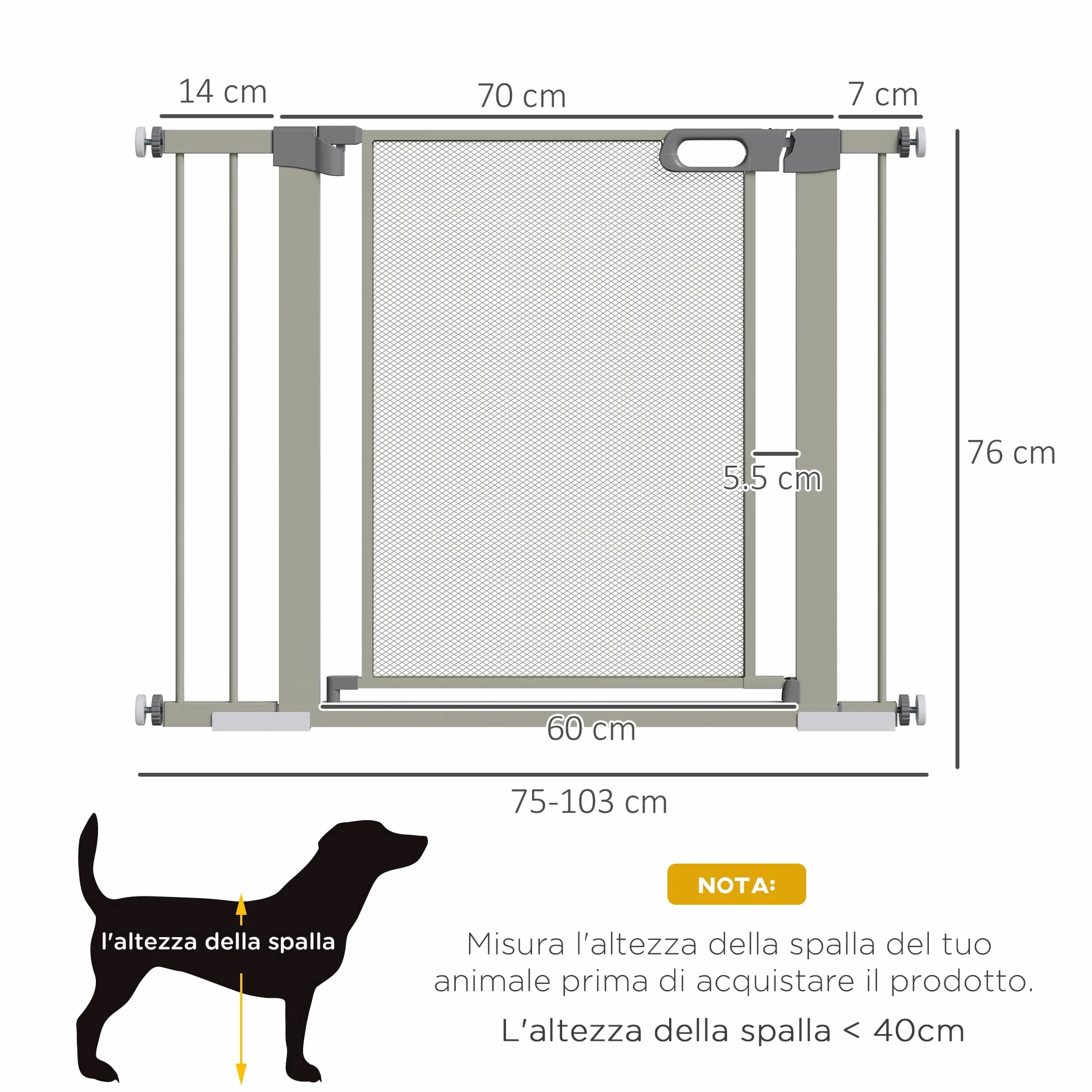 PawHut Cancelletto per Cani Regolabile 75-103 cm, Cancello di Sicurezza in Acciaio e ABS, Altezza 76 cm, Grigio