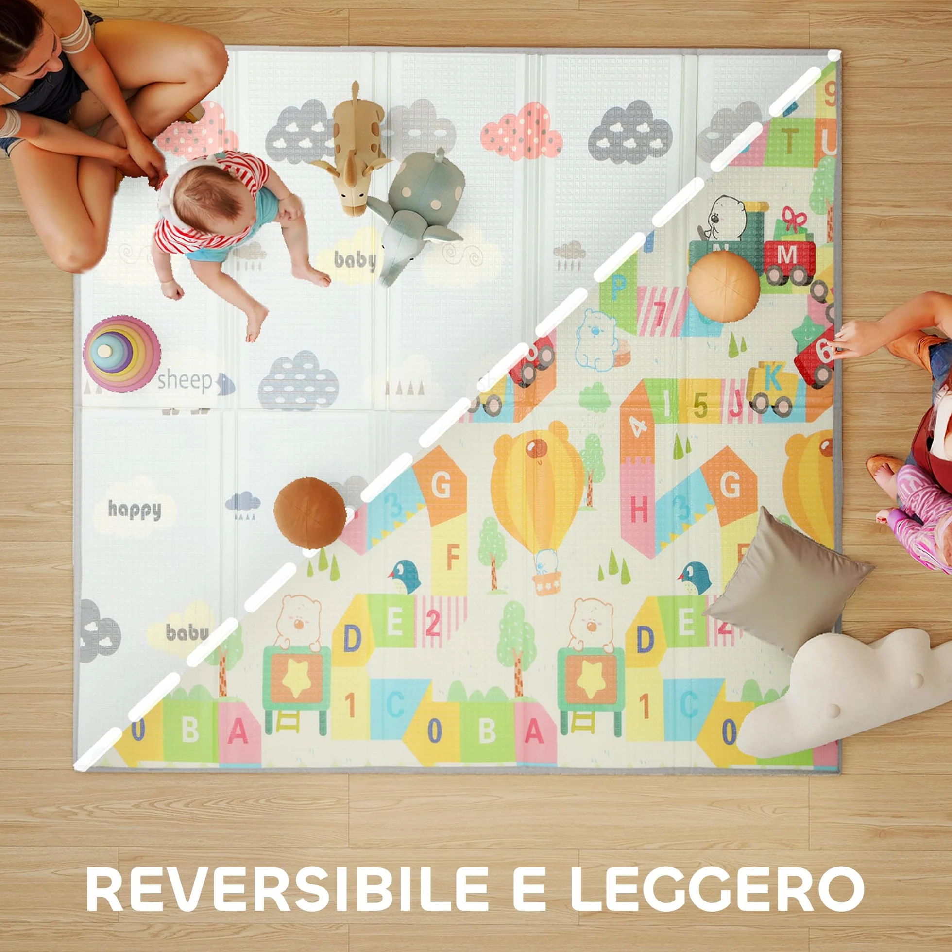 AIYAPLAY Tappeto per Bambini 0-3 Anni con Bordi Cuciti, Lettere dell'Alfabeto e Superficie Impermeabile, Tappeto Gattonamento in XPE e PE, 200x180x1.5 cm, Multicolore