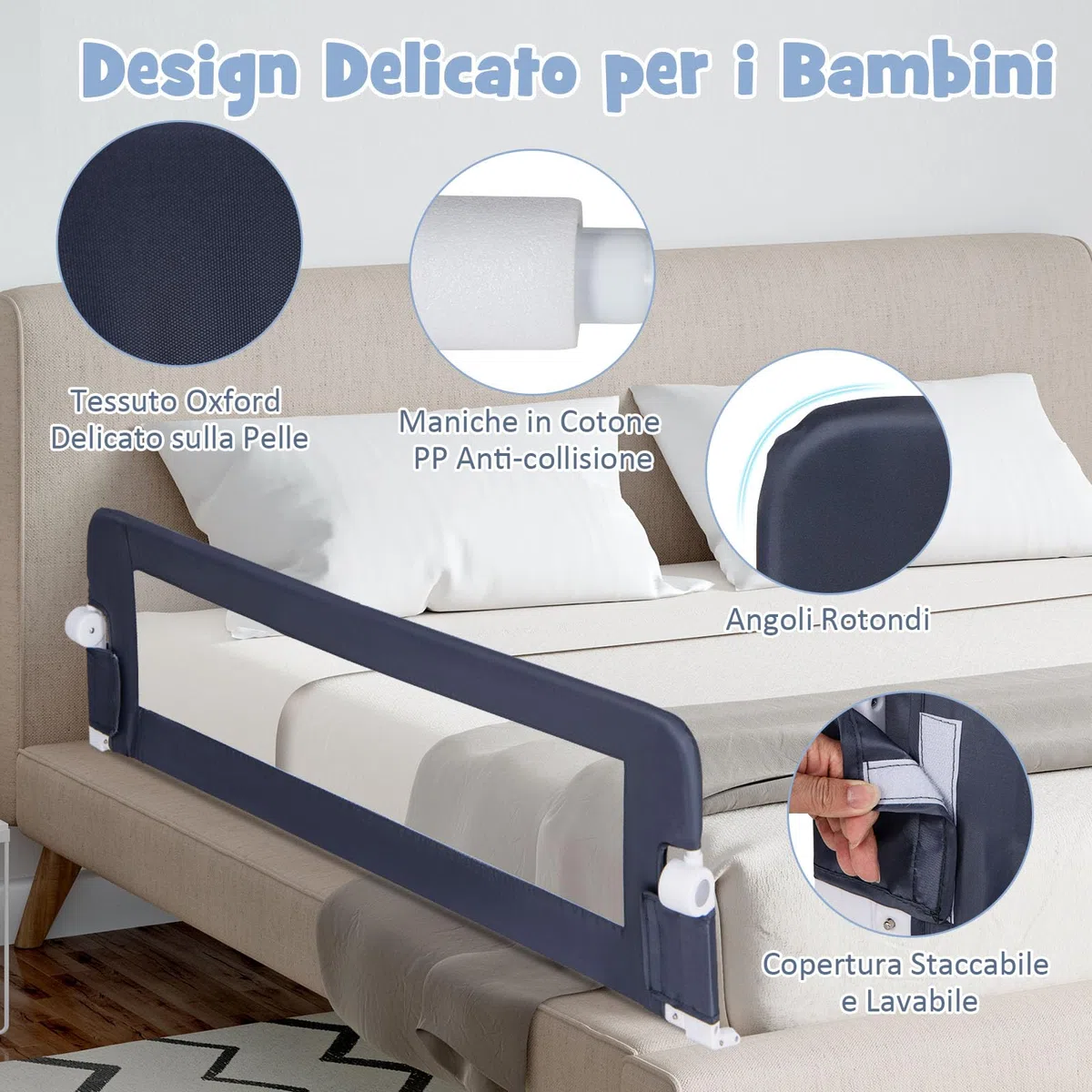 RELAX4LIFE Sponda Letto per Bambini 105/120/150cm, Barriera di Sicurezza, Traspirante e Pieghevole, Sbarra Letto per Letti Singoli e Matrimoniali (152x34x42cm, Grigio)