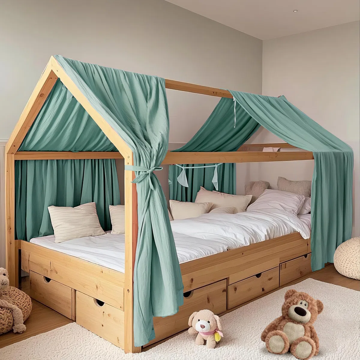 Baldacchino per letto di casa, 2 pezzi, realizzato a mano in mussola di cotone, 100% tessuto per decorazione letto di casa, per ragazze e ragazzi (set da 2 pezzi, 65 x 270 cm, eucalipto)