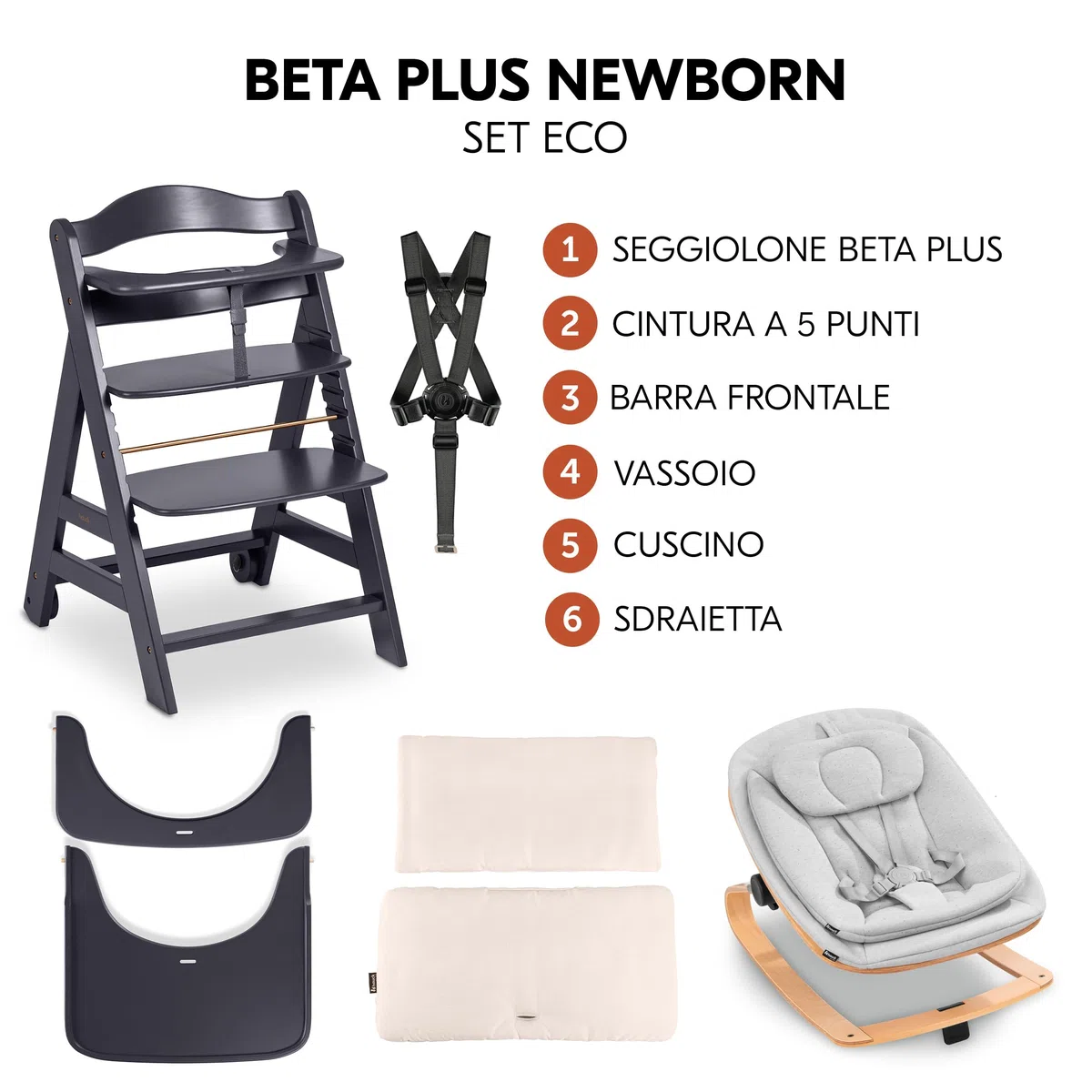 hauck Seggiolone Beta+ Newborn Set Eco Bouncer - Sediolone Pappa Bimbi in Legno Da 0 Mesi con Sdraietta Neonati Dondolo, Cuscino e Vassoio - (Grigio scuro)