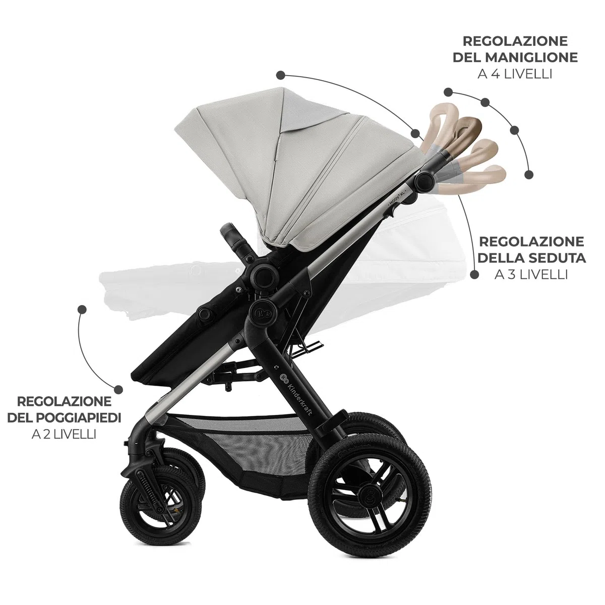 Kinderkraft MOOV XL 3 in 1, Passeggino fino a 27 kg, Carrozzina, Con Seduta I-SIZE 40-75 cm, Pieghevole, Ammortizzatore, Convertibile, Navicella XL, Con Accessori, Grigio Chiaro