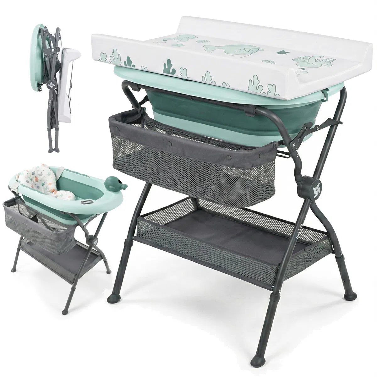 Twinly Bubbly Fasciatoio Neonato con Termometro Integrato - Vaschetta Bagnetto Pieghevole 2 in 1 - Accessori Neonato Utili 0-3 Mesi - Materassino Impermeabile (verde)