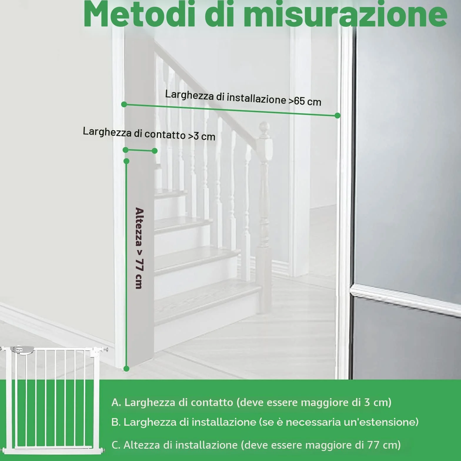 Cancelletto di protezione per porte in metallo, largo 105-115 cm, chiusura automatica, bianco