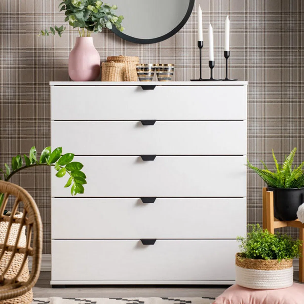 Dmora Cassettiera Chikeha 90x40x95h cm Bianco 5 Cassetti Apertura Scorrevole, Chiusura Scorrevole
