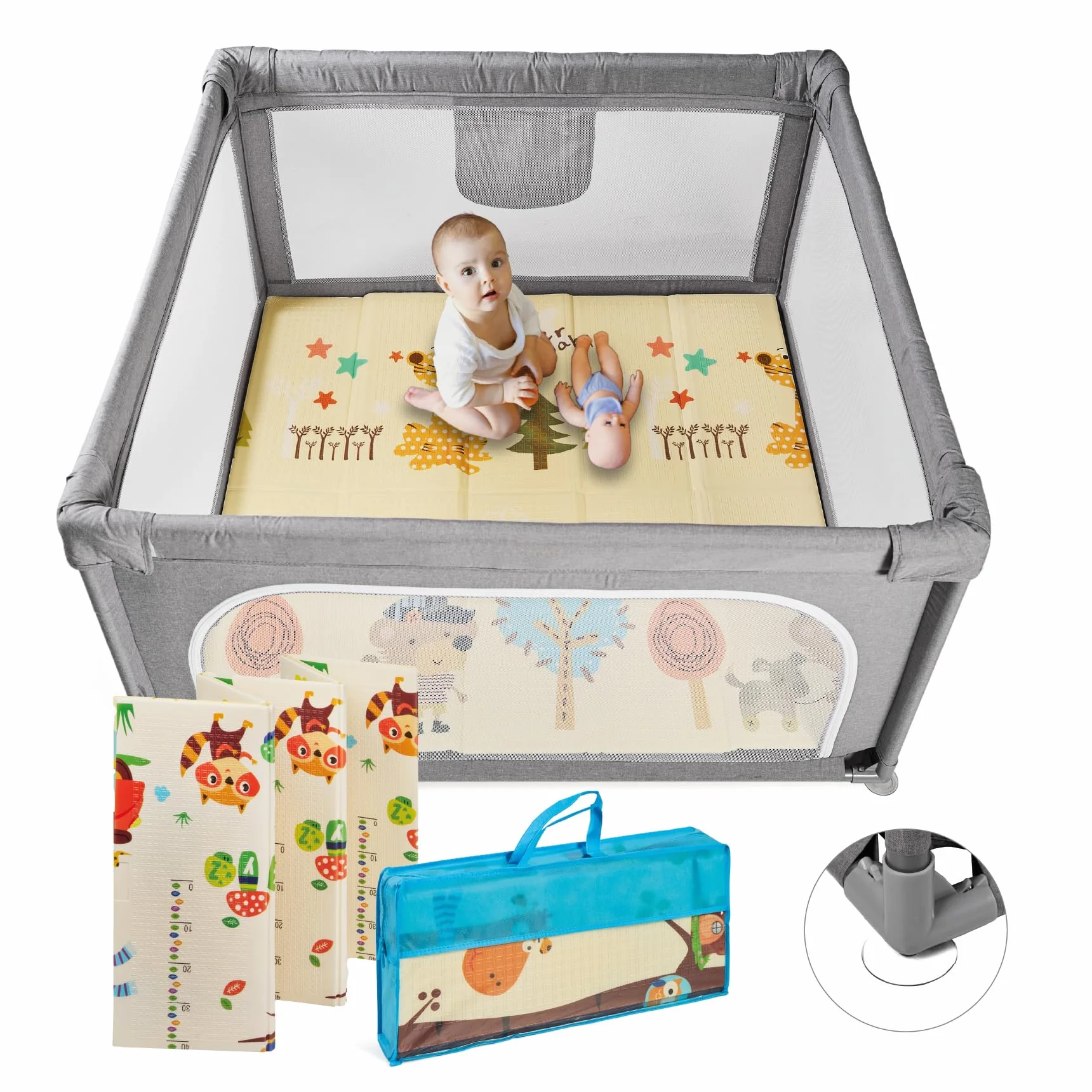 MS BabyWorld - Recinto per bambini L + Tappeto gioco per bambini 120 * 120cm - Tappeto bifacciale, altamente imbottito (spessore 1 cm), Box molto grande e alto - pieghevole e con borsa trasporto