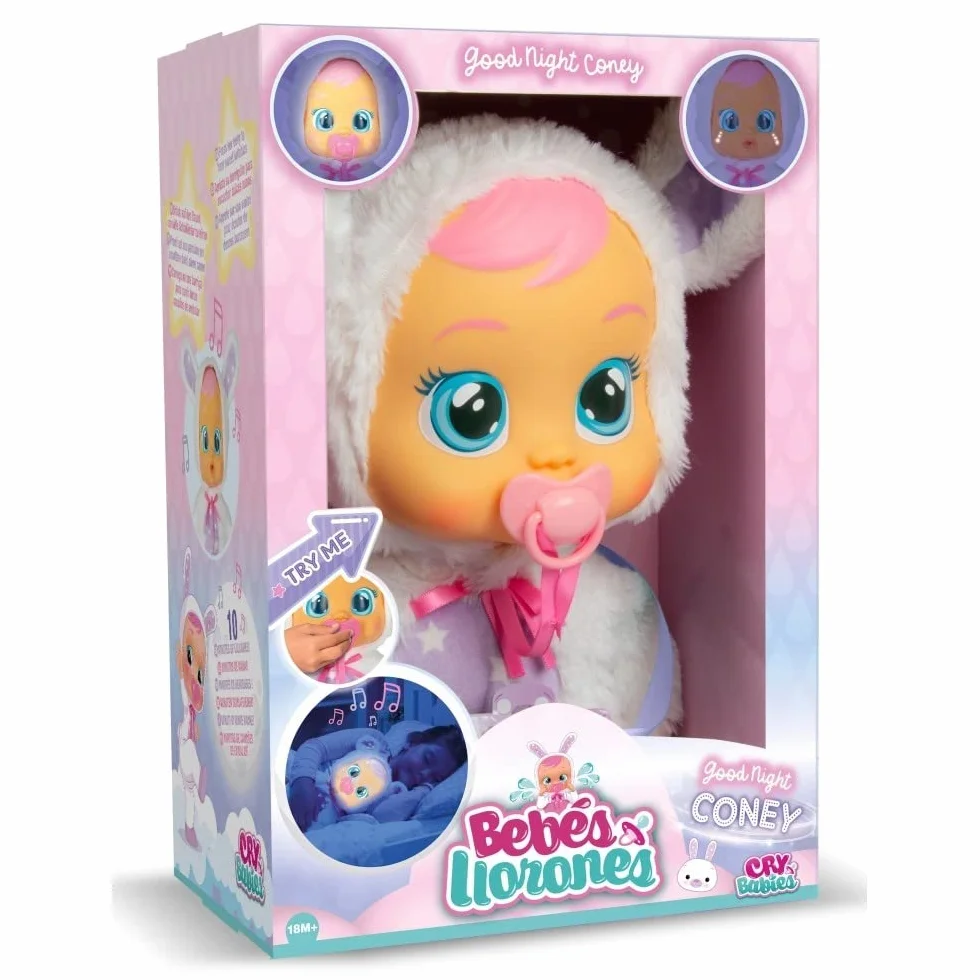 Cry Babies Good Night Coney, Bambola morbida interattiva piagnucolosa con Luce Notturna e Melodie rilassanti che aiuta a dormire, Giocattolo per bambini +2 Anni