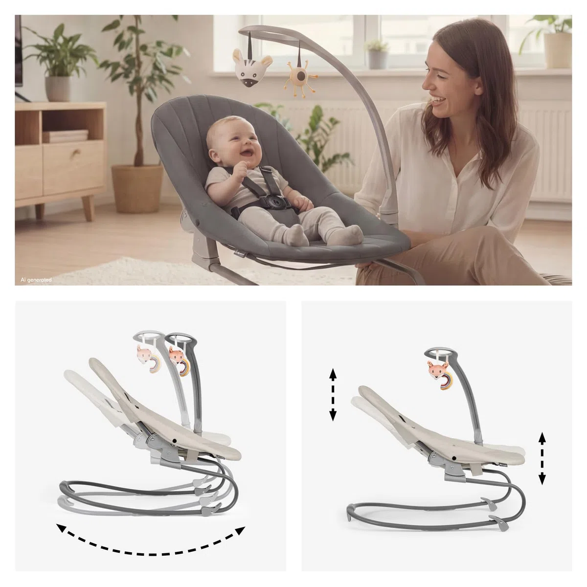 hauck Sit N Relax 3in1, Beige - Seggiolone Pappa Evolutivo da 0 Mesi a 15 kg con Sdraietta con Arco Giochi e Seduta con Vassoio Regolabili in Altezza, Ruote, Pieghevole, Cesto Portaoggetti