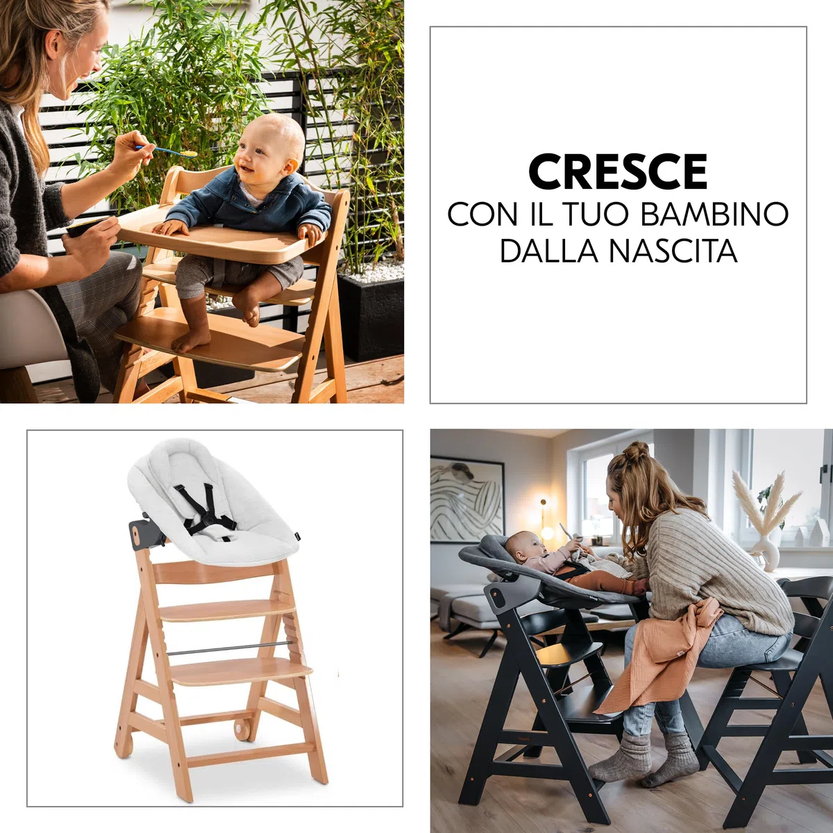 hauck Seggiolone Beta+ Newborn Set Premium da 0 Mesi - Seggiolone Legno Evolutivo, con Sdraietta Neonati (Dondolo Neonati), Cuscino Seduta, Vassoio - (Sdraietta: Grigio chiaro, Naturale)
