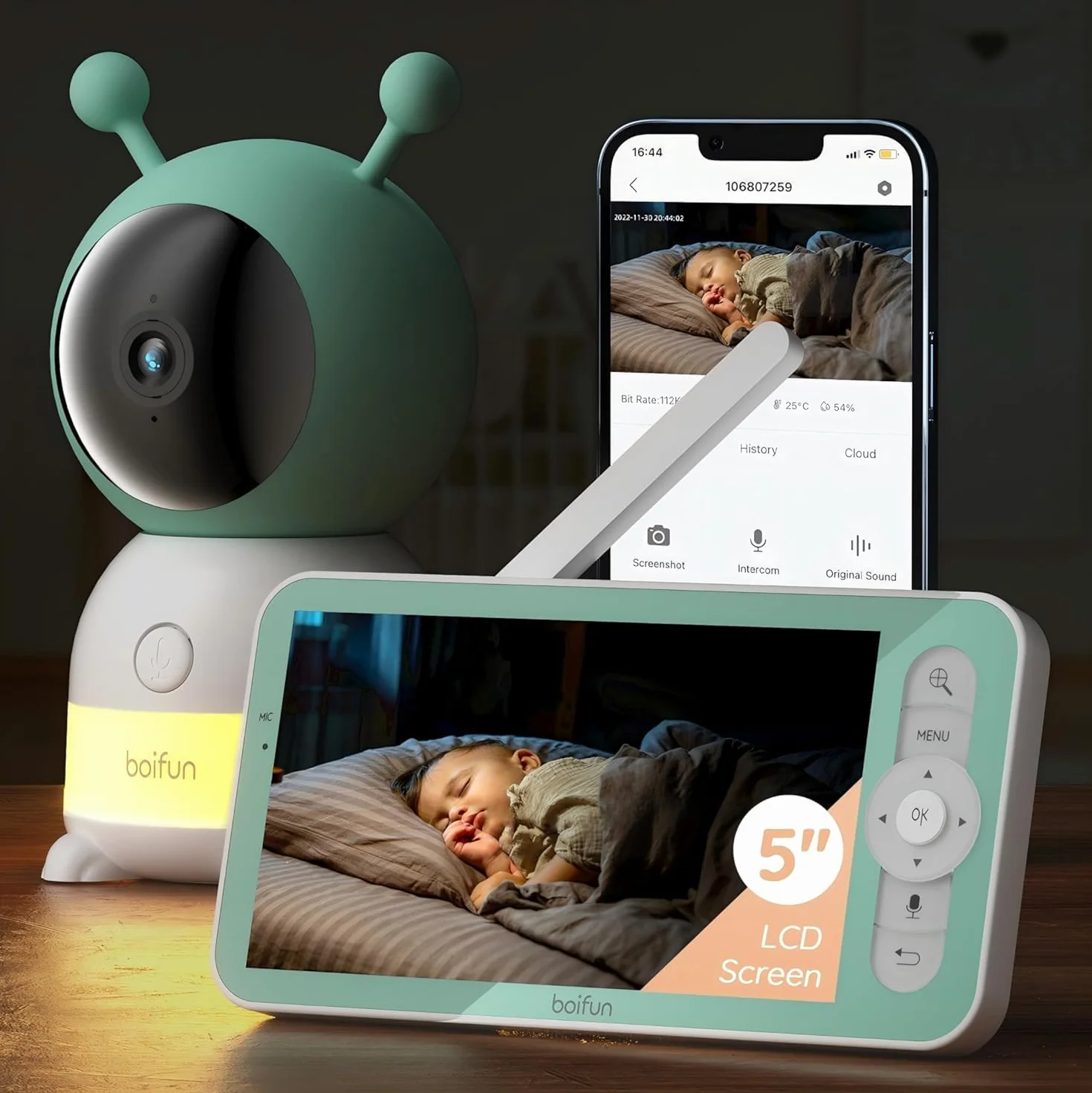 BOIFUN 2K Baby Monitor WiFi 360° con Luci Notturne, Display LCD 5" 3MP, Auto Tracking, Rilevamento Movimento e Suono IA