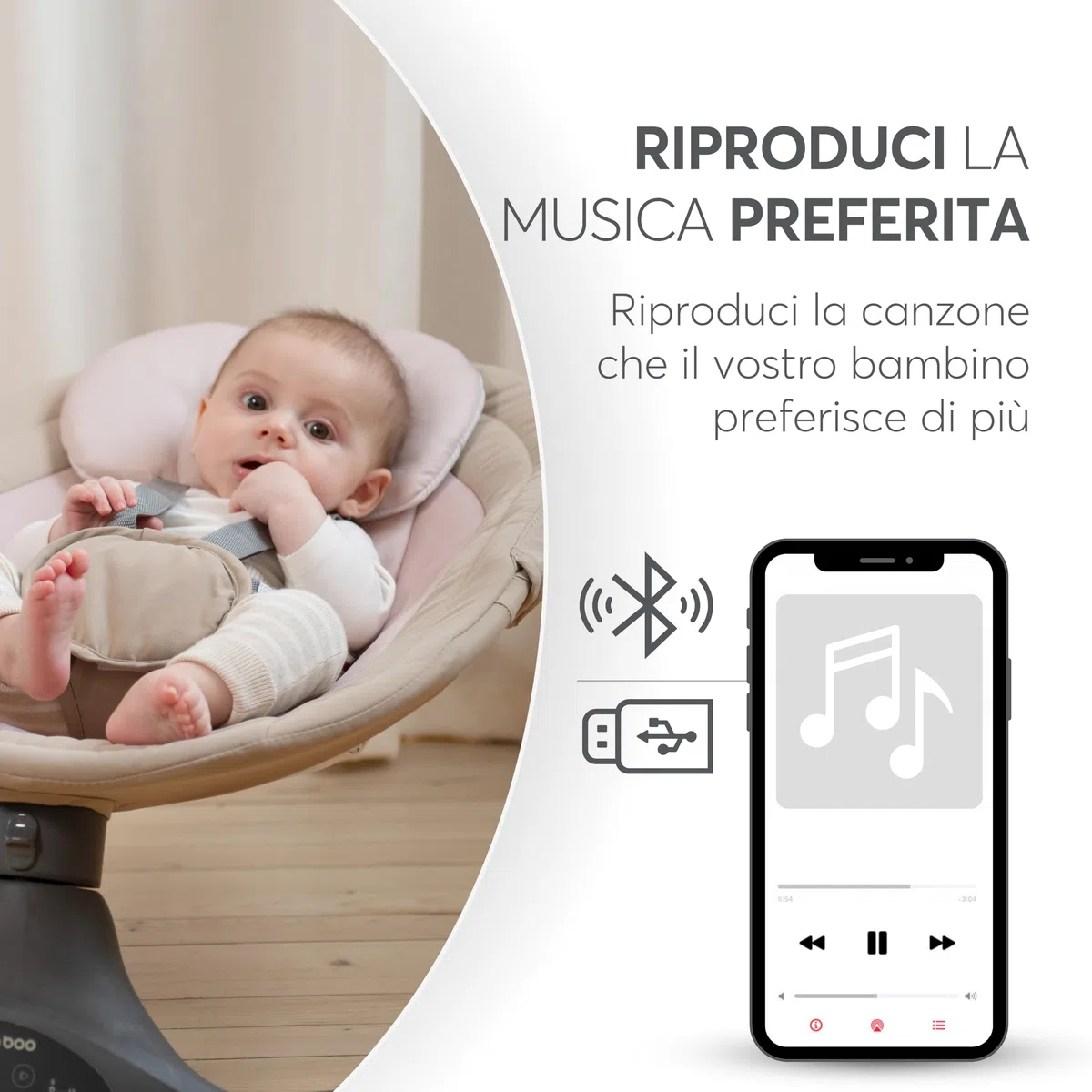 Sdraietta Neonati Elettrica KikkaBoo CODIE, Dondolo Elettrico per Neonati con Bluetooth, 5 Velocità, Schienale Regolabile, 10 Melodie, Fino a 9 kg, Grigio scuro