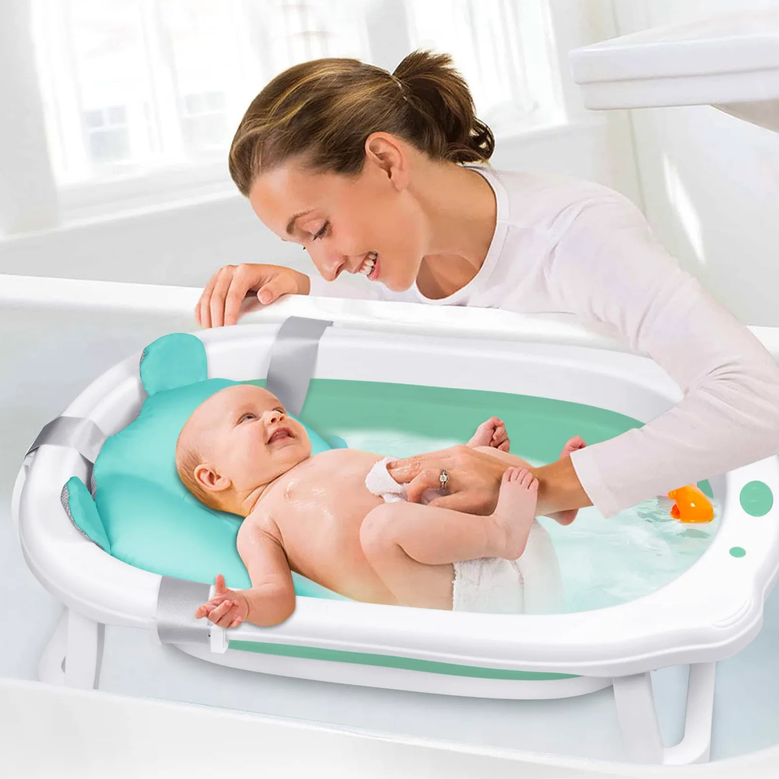 Froadp Vasca da bagno pieghevole 82 x 50 x 20 cm con fori di drenaggio e cuscino antiscivolo per neonati e bambini (verde, con cuscino da bagno)