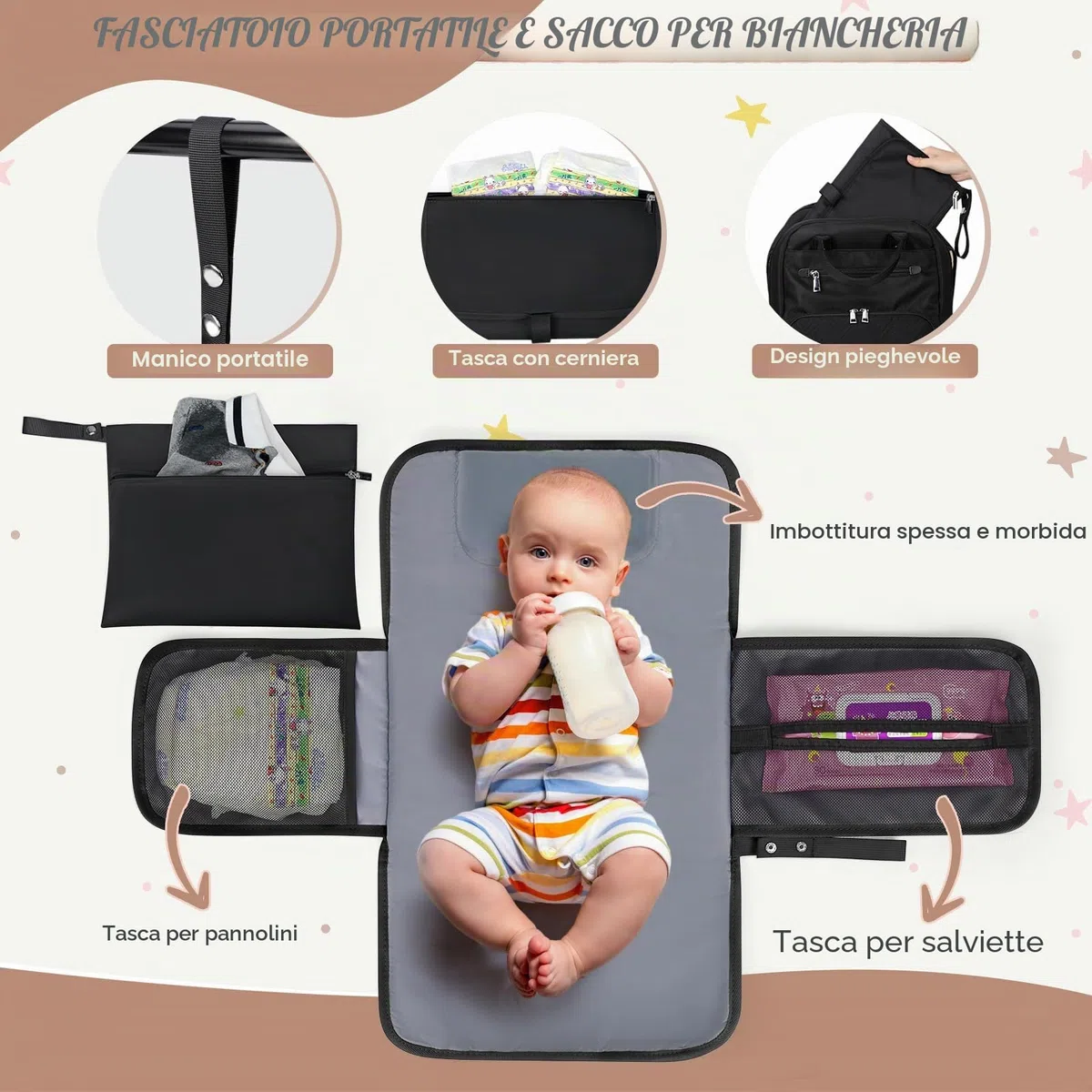 RAINSMORE Zaino Mamma Multifunzione Zaino Fasciatoio Grande Capacità Borsa Neonato con Fasciatoio Portatile Zaino Passeggino per Mamma e Papà Nero
