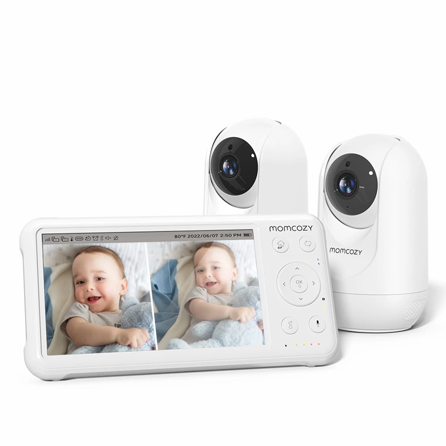 momcozy BM01 Baby Monitor Video con 2 Telecamere, 5" 1080P HD Split-Screen, Batteria 5000mAh, No WiFi,Visione Notturna, Audio Bidirezionale, VOX, 300m, Idea Regalo Nascita per Gemelli