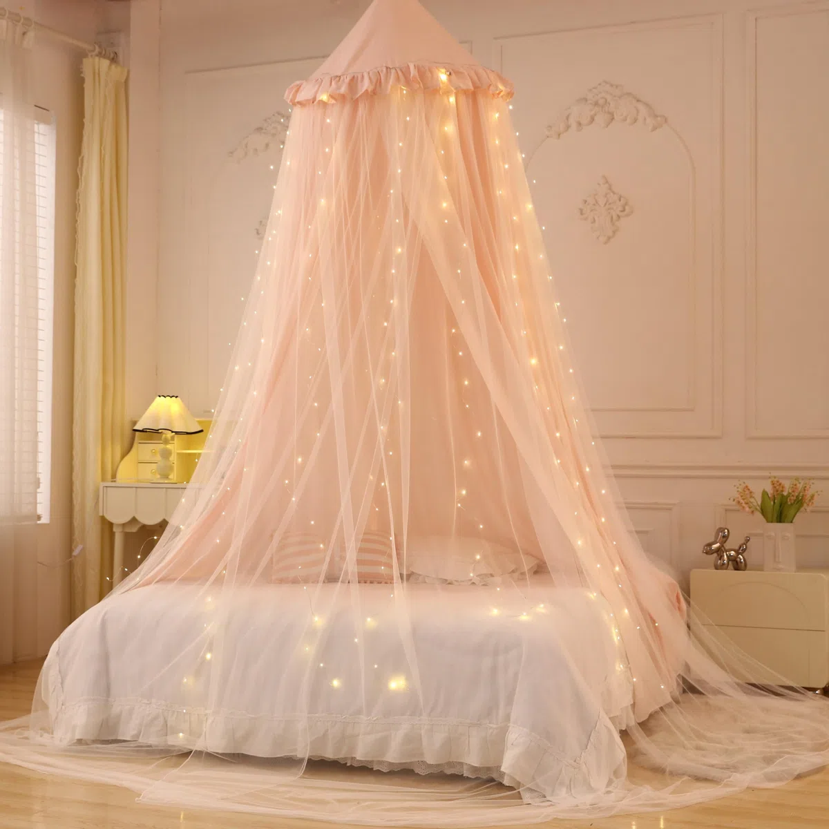 Baldacchino per letto da principessa per bambine, baldacchino a doppio strato con 250 luci per tende bianche calde, adatto per letto singolo/matrimoniale - Tenda per letto fatato per