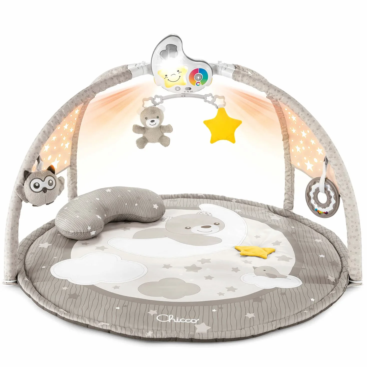 Chicco Palestrina dei Colori Beige 3in1 Neonato Multifunzione Elettronica con Tappeto Proiettore Stelle Luce Notturna Melodie Rilassanti Giochi 0+ Mesi