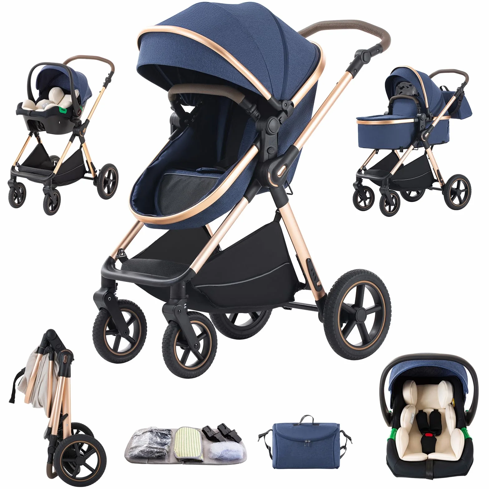 Passeggino 3 in 1 Pieghevole con Gondola D2-BLUE H2-D, Pneumatici in Gomma