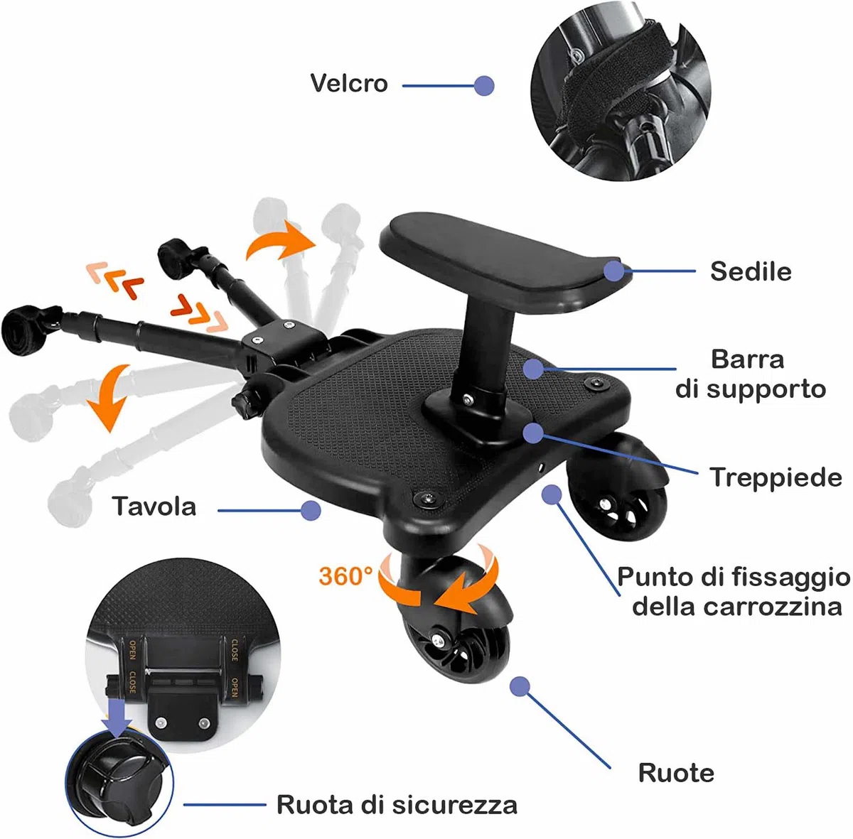 HELLO HIPPO® Pedana universale per passeggino passeggino con sedile - Accessorio per passeggino - Adattatore per passeggino doppio Tavola per buggy Pratica e compatta -