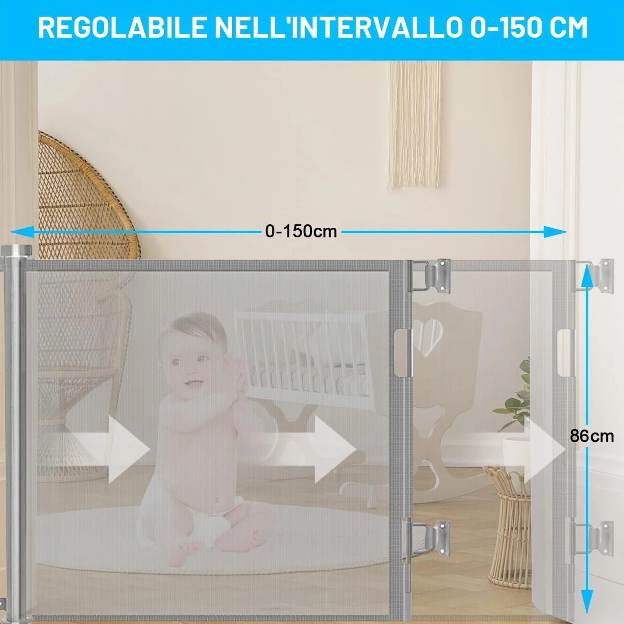 Cancelletto estensibile per scale 0-150 cm Porta retrattile barriera per bambini animali domestici Grigio