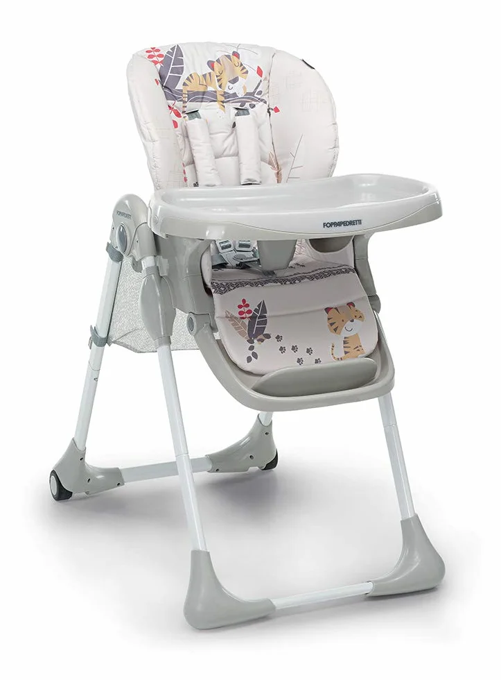 Foppapedretti Seggiolone Meeting Baby Tiger, 6 mesi-3 anni 15 kg, Seduta Poggiapiedi Schienale Regolabili, Cesto Porta Oggetti, Imbottitura Lavabile
