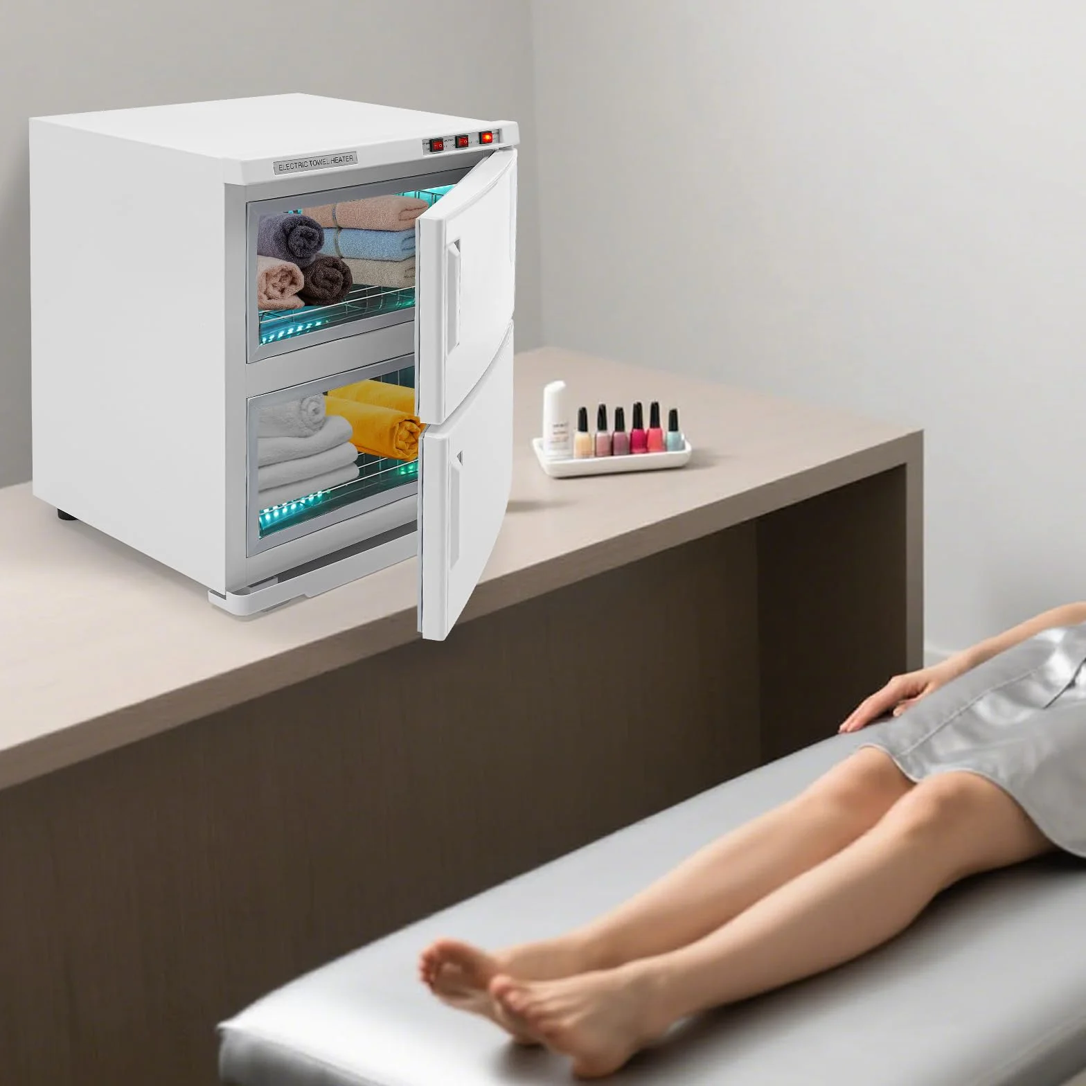 Portasciugamani a 2 porte 50L riscaldatore sterilizzatore UV armadio caldo cosmetici compresse