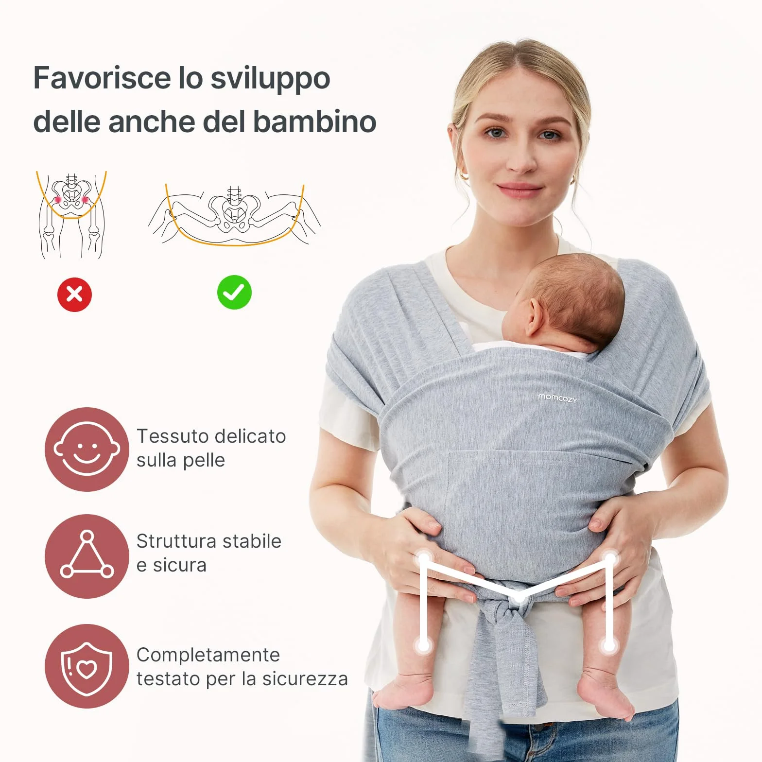 Momcozy Fascia per neonati – Anello facile da indossare – Fascia per il trasporto traspirante per mani libere – Marsupio regolabile da 3,6 kg a 15 kg (Grigio)