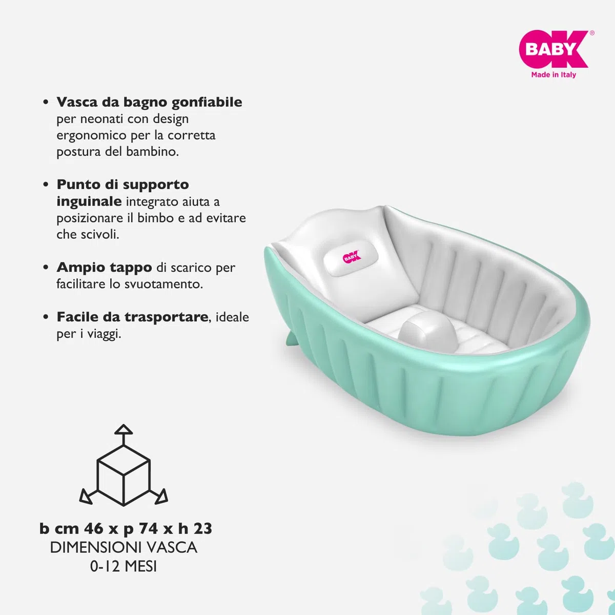 OKBABY Vaschetta Gonfiabile Onda Baby Soft per Bagnetto Neonato - da 0 a 12 Mesi - Azzurro
