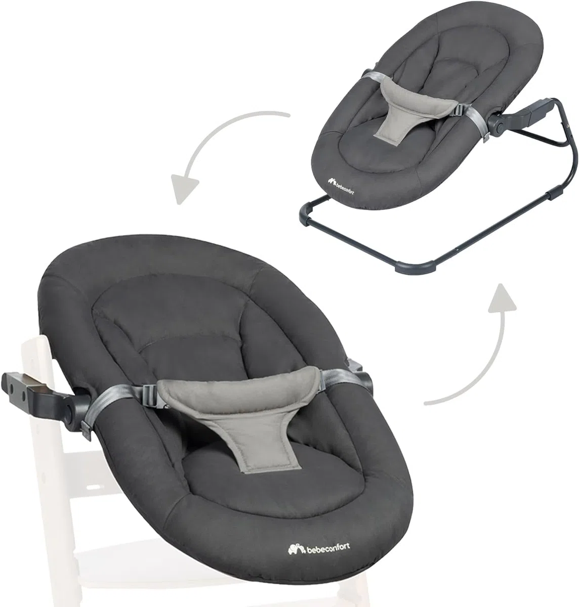Bebeconfort Timba Baby 2 in 1, Sdraietta Neonati 0-6 mesi, 0-9kg, Compatibile con Seggiolone Timba, Sdraietta Reclinabile in 2 Posizioni, Seduta Imbottita, Cintura a 3 Punti, Tinted Graphite
