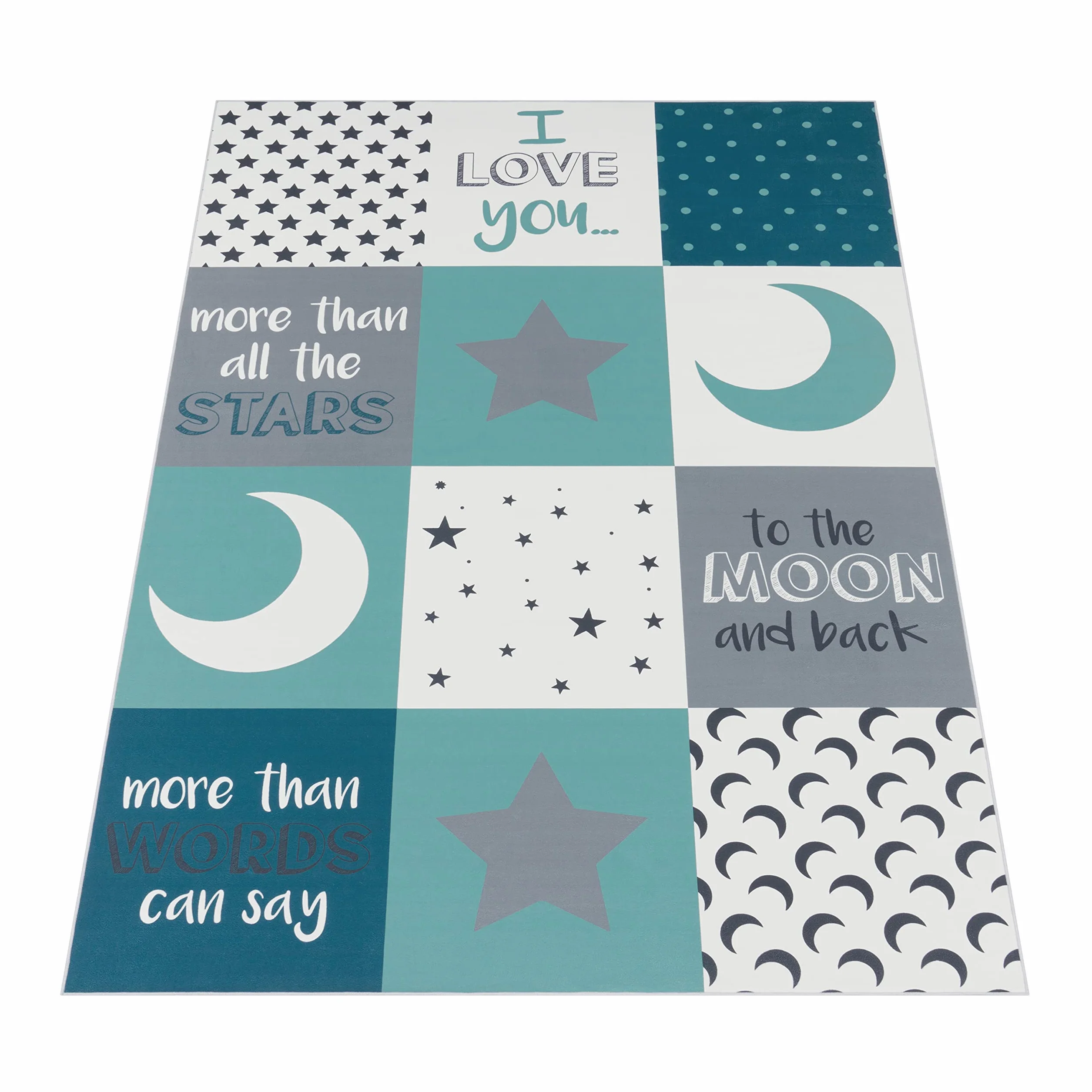 Paco Home Tappeto per i bambini, tappeto per la camera dei bambini con stelle, luna e motivi a quadri, Dimensione:140x200 cm, Colore:Turchese