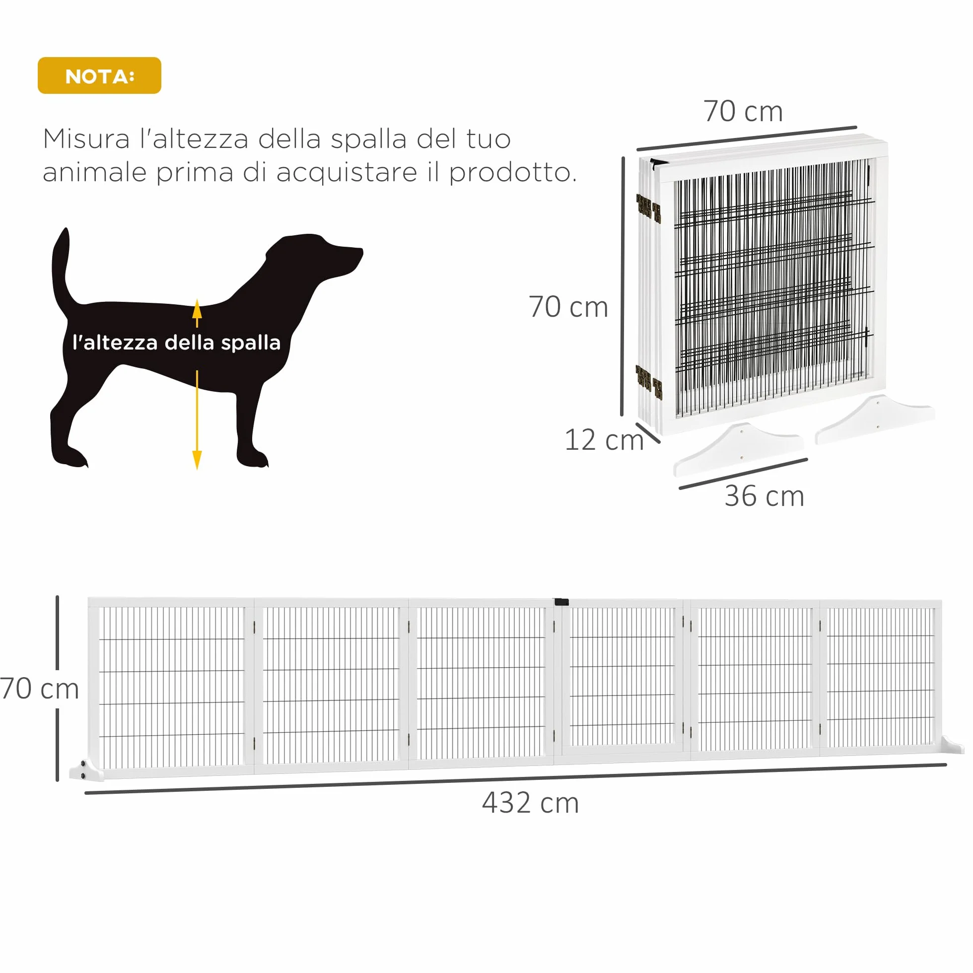 PawHut Cancelletto per Cani di Piccola/Media Taglia a 6 Pannelli Pieghevoli, Cancelletto di Sicurezza in Legno e Acciaio, 432x36x70 cm, Bianco