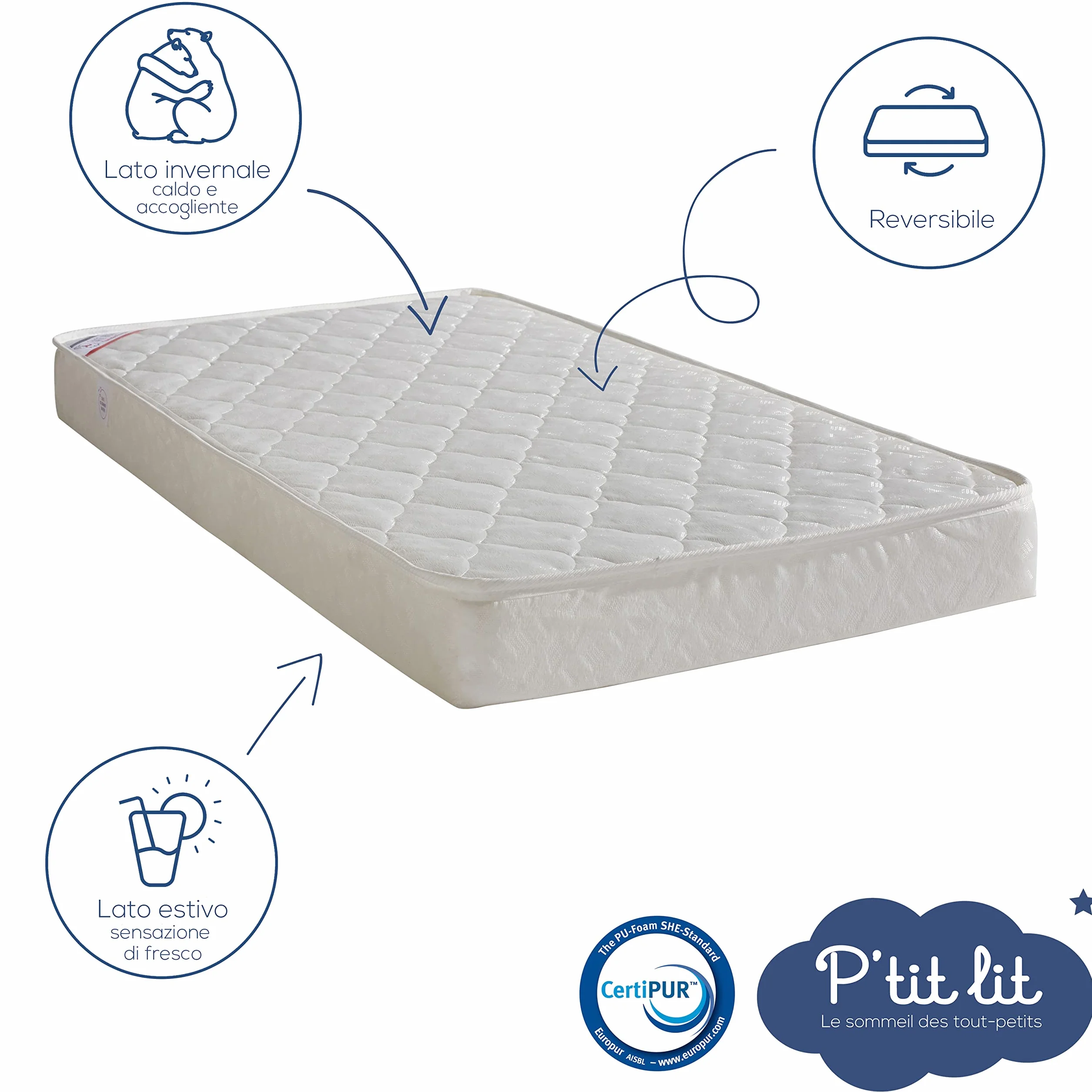 P'tit Lit - Materasso bambino Indispensabile - 60x120 cm - Climatizzato: 1 lato estivo/ 1 lato invernale - Oeko Tex® - Fabbricazione europea