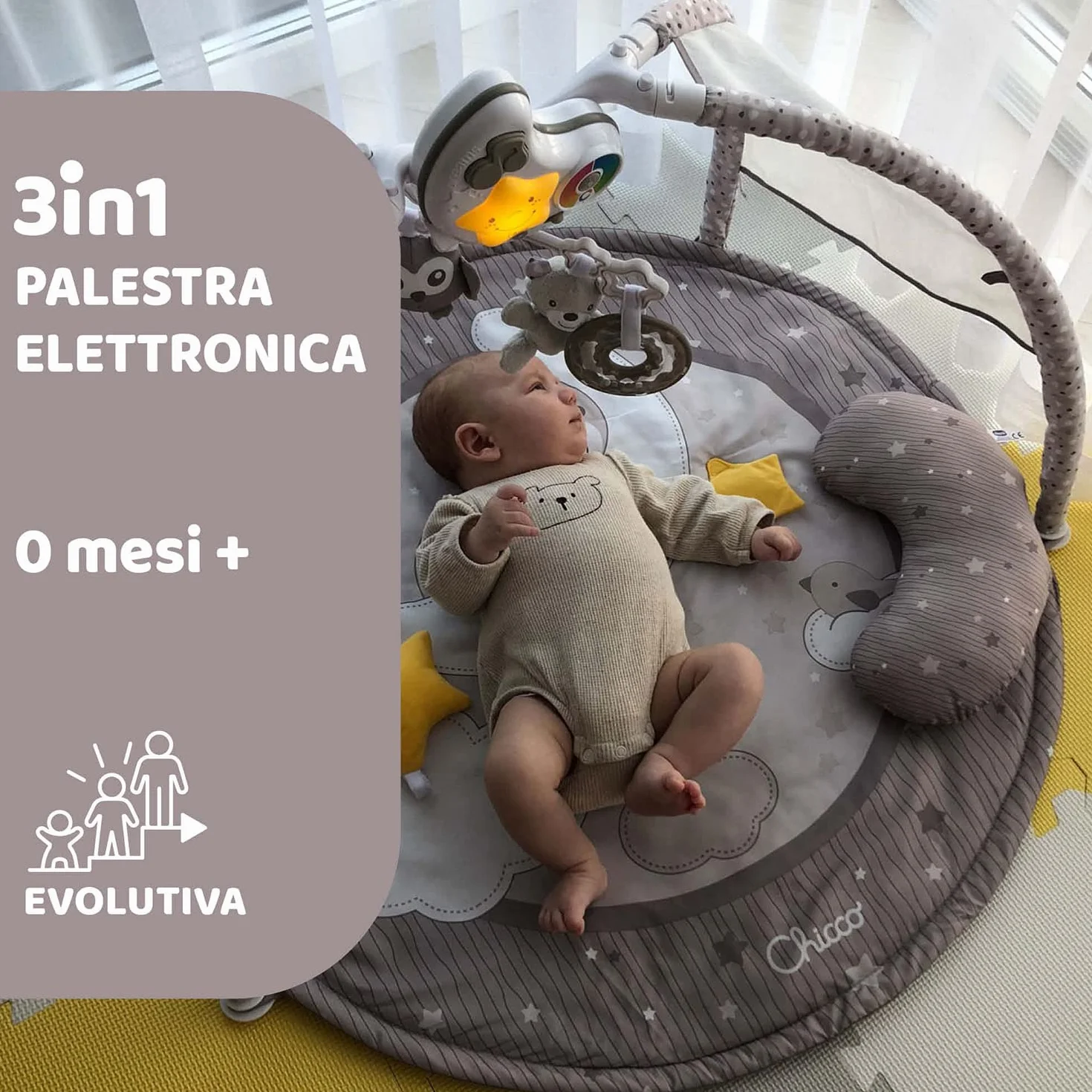 Chicco Palestrina dei Colori Beige 3in1 Neonato Multifunzione Elettronica con Tappeto Proiettore Stelle Luce Notturna Melodie Rilassanti Giochi 0+ Mesi