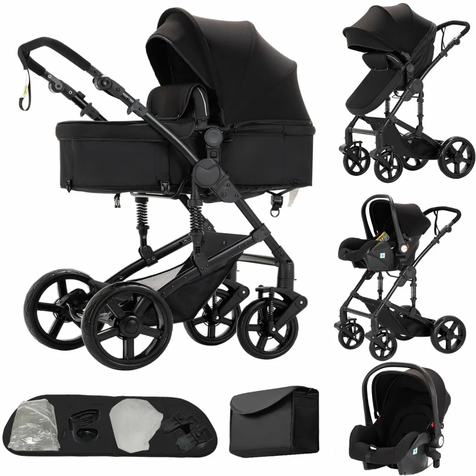 Passeggino 3 in 1 Multifunzione, Chiusura ad un Clic, Nero, Borsa Mamma per Neonati