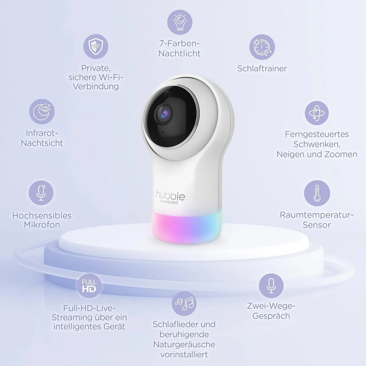 Hubble Pal Glow WiFi Smart Hd1080P Remote Pan, Tilt e Zoom Camera con Talkback Bidirezionale per il Monitoraggio di Neonati e Animali Domestici, Bianco