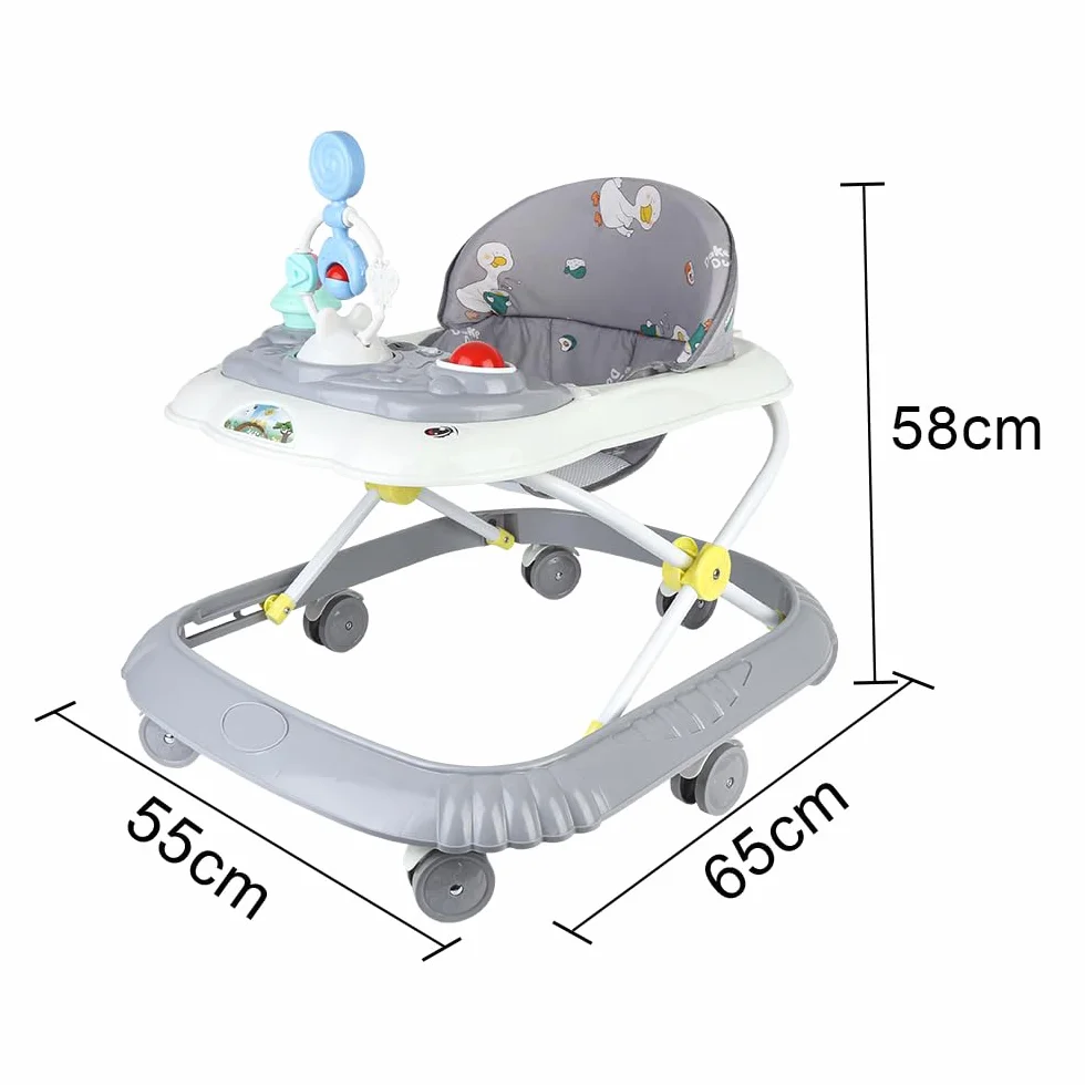 Girello 4 in 1, girello pieghevole per bambini con vassoio di gioco interattivo con suoni, base anti-ribaltamento, deambulatore ruote in silicone e 4 posizioni di altezza, da 6 a 18 mesi (grigio-67 x