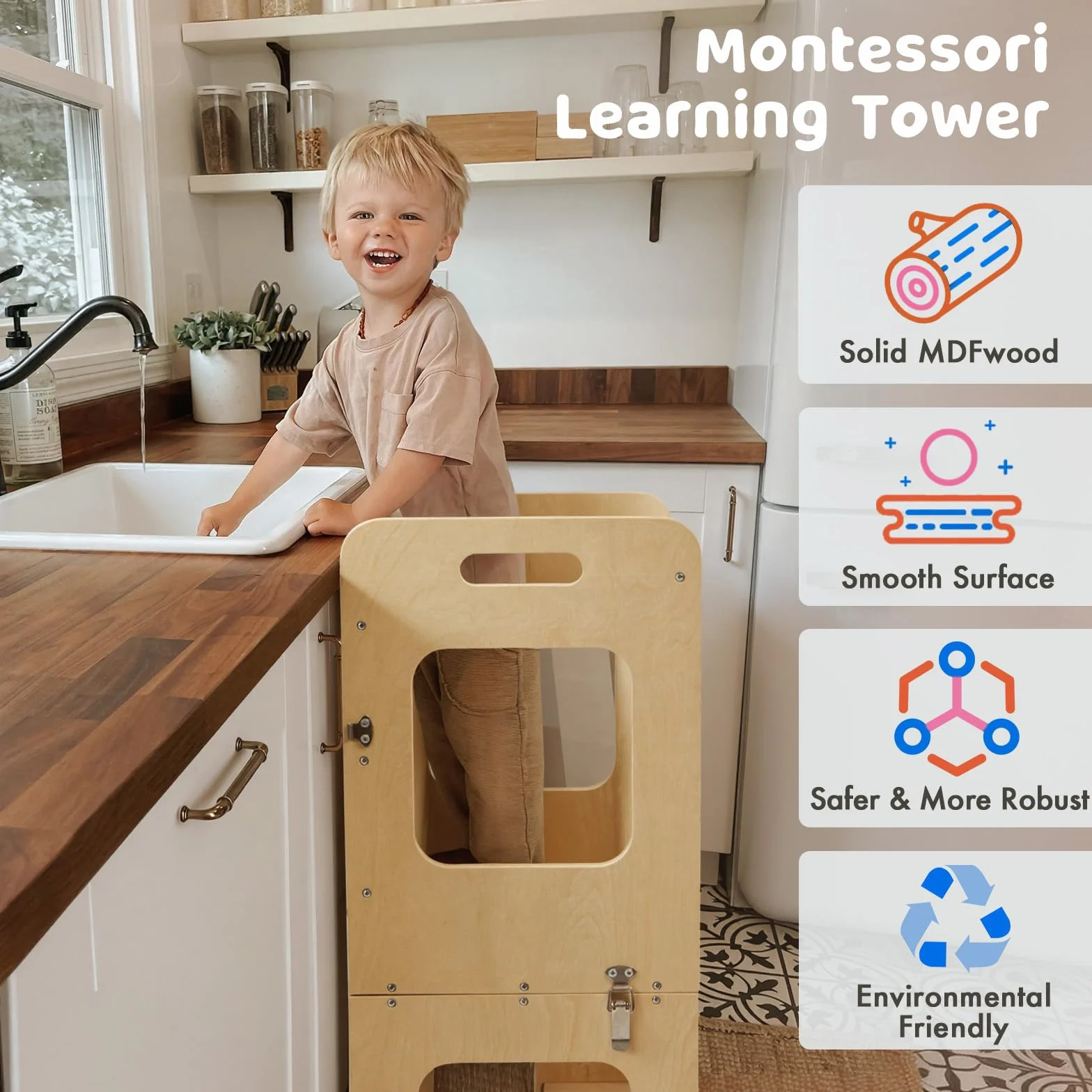 Labebe Montessori Torre per bambini 3 in 1 pieghevole didattica Scala Sgabello con lavagna Legno torretta utensili da cucina 18 mesi